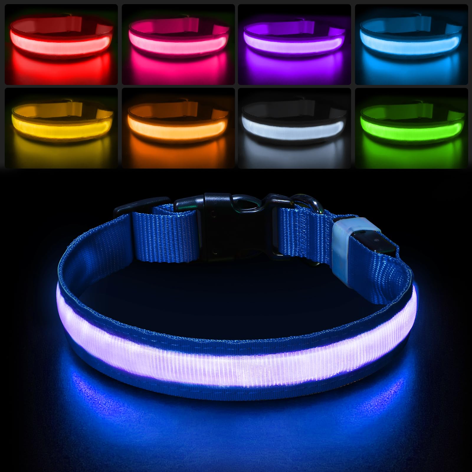 Pceotllar Light Up Dog Collar For Night Walking - Led Dog Collar Light Rechargeable Color Changing, Glow In The Dark Dog Collars Waterproof Glowing Dog Collars For Large Small Medium Dogs