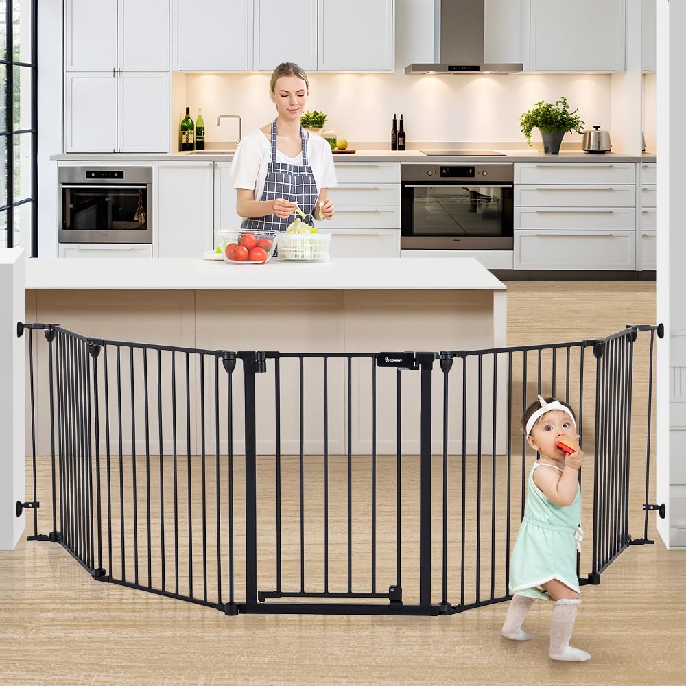 COMOMY 127.8 Extra Wide Baby Gate, Dog Gate for House Stairs Doorways Fireplace, Auto Close Pet Gate with Door Walk Through, 5 M