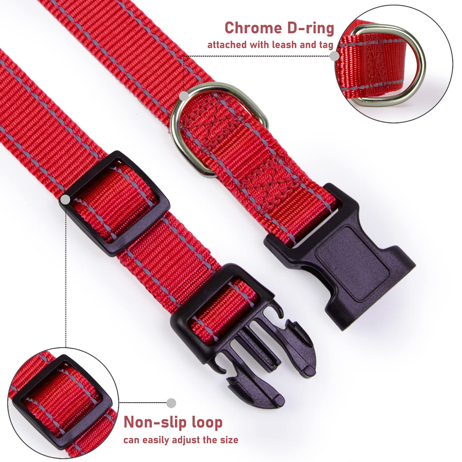Reflective Dog Collar With Buckle Adjustable Safety Nylon Collars For Small Medium Large Dogs, Red Xxs