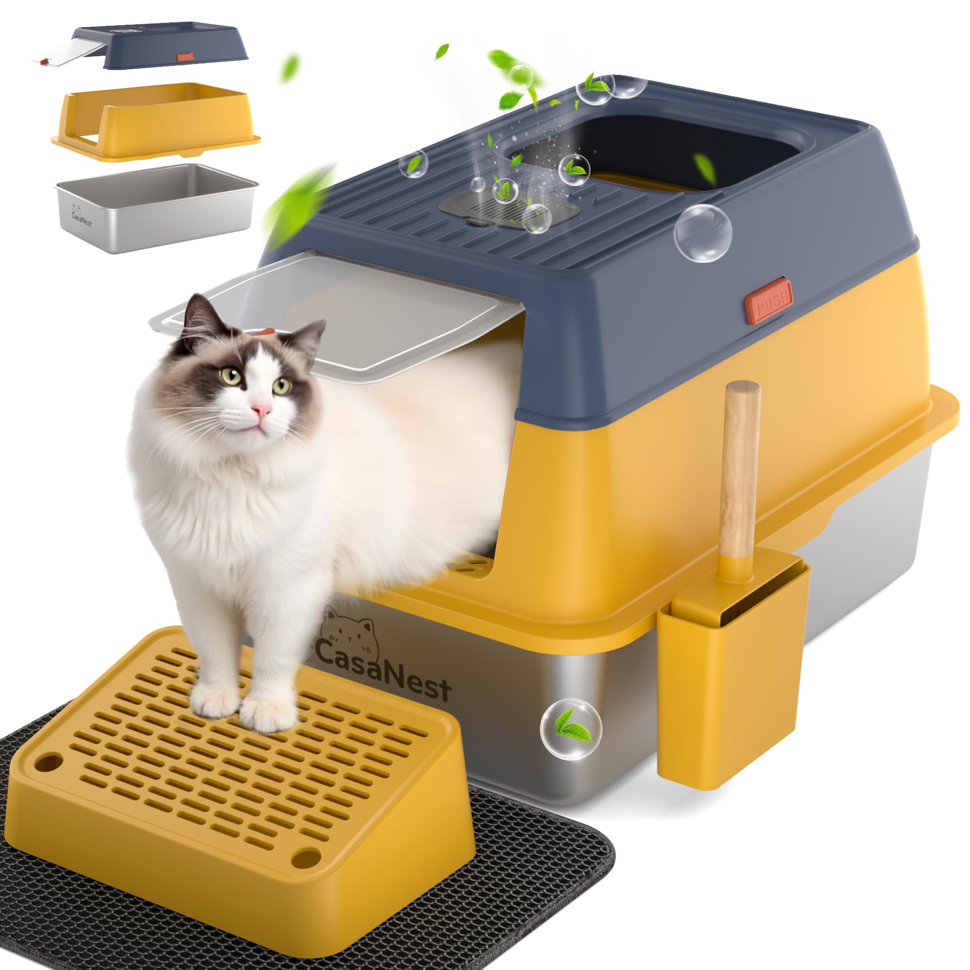 Casanest Xl Extra Large Stainless Steel Cat Litter Box With Lid, 3-In-1 Enclosed/Open, Durable Metal Litter Box For Big, Multi C