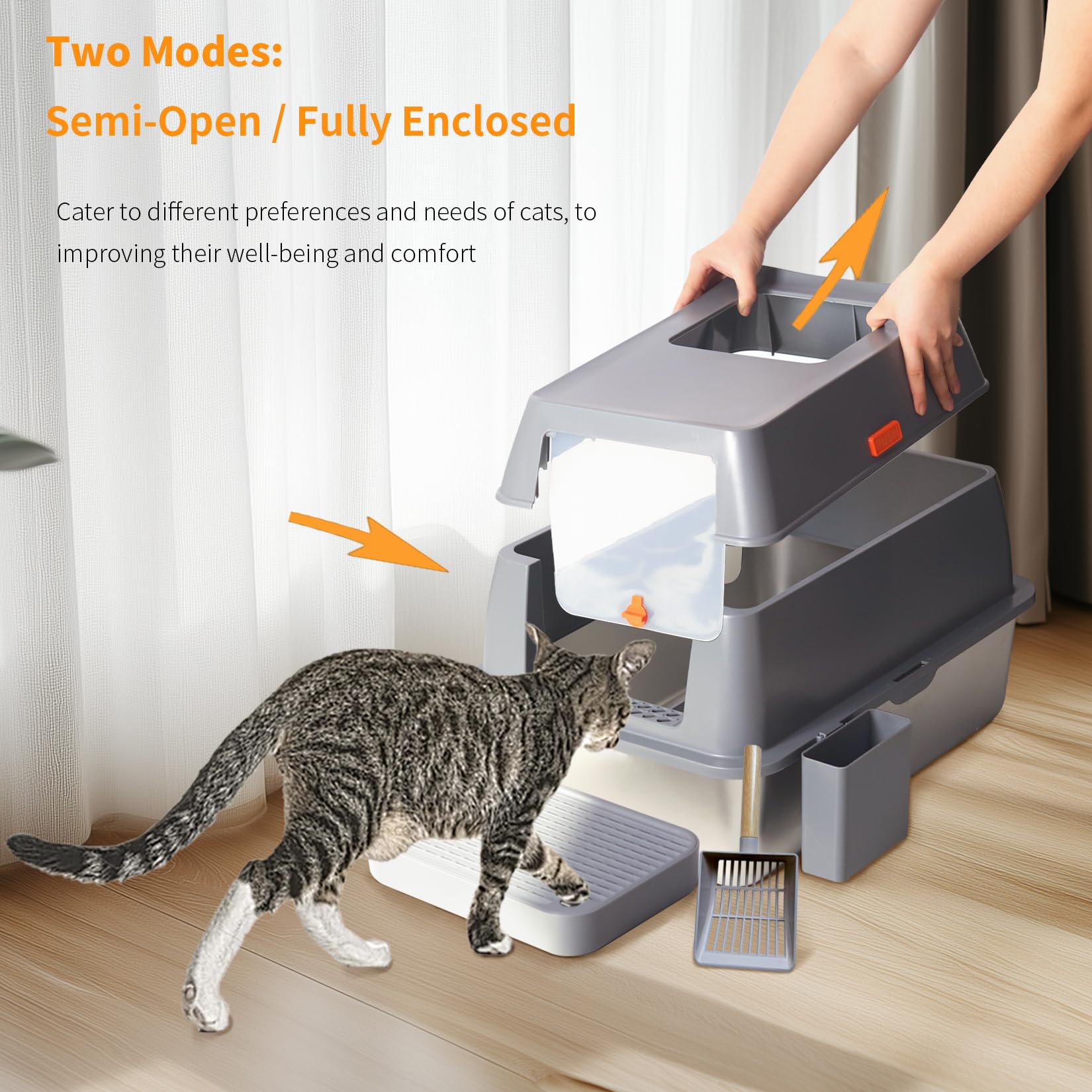 Stainless Steel Cat Litter Box: Extra Large Covered Metal Litter Box Non-Sticky And Anti-Urine Leakage - High Sided Enclosed Kit