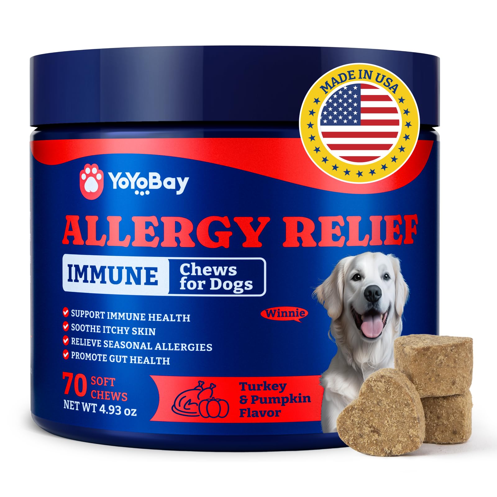 YoYoBay Dog Allergy Relief Chews - 70 Soft Chews, Turkey & Pumpkin Flavor - Immune Support & Itch Relief with Colostrum, Astraga