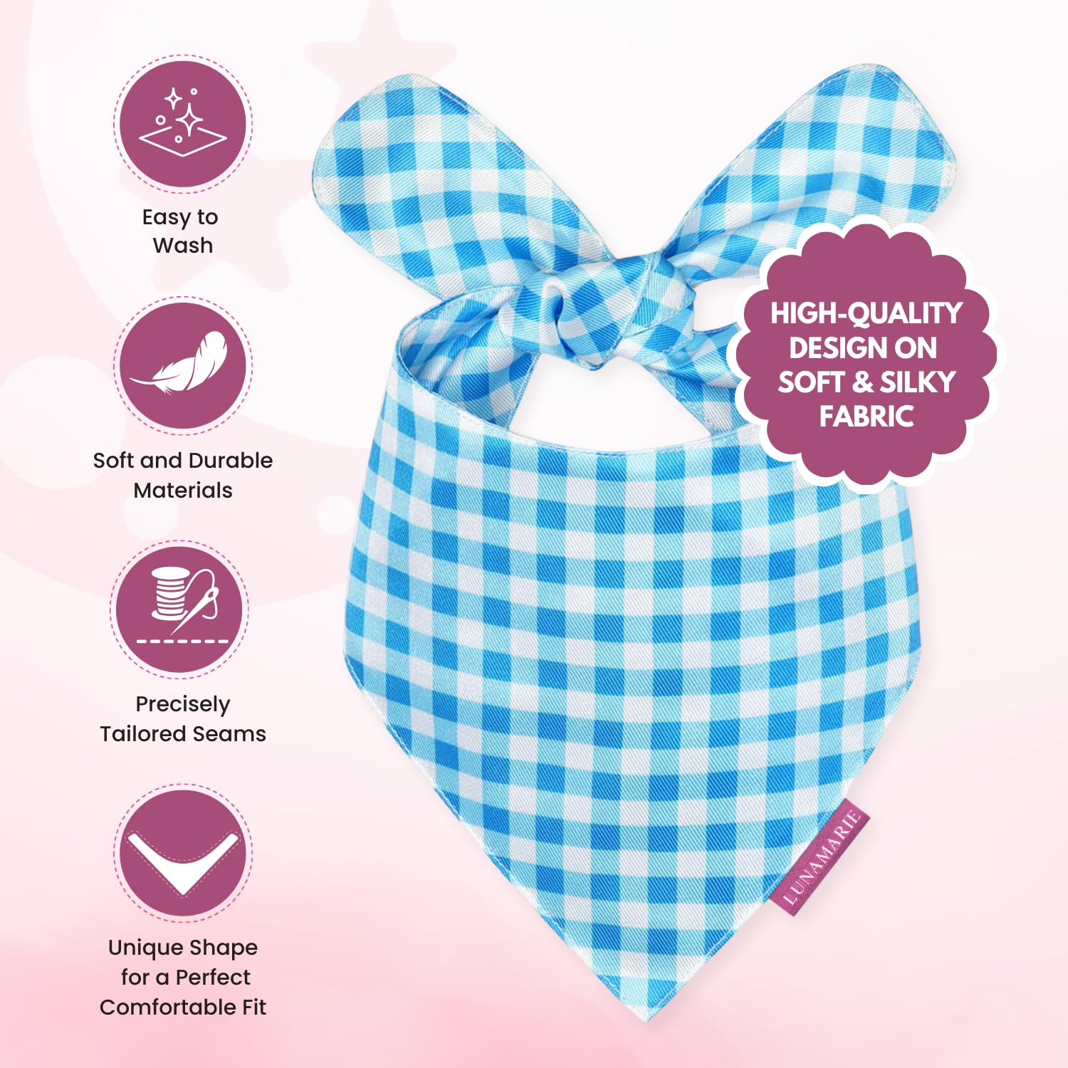 Lunamarie - Luxury Pet Birthday Bandanas -Premium & Silky Poly Fabric | 100% Handmade | Custom Shape Dual Layered (Blue Checkers