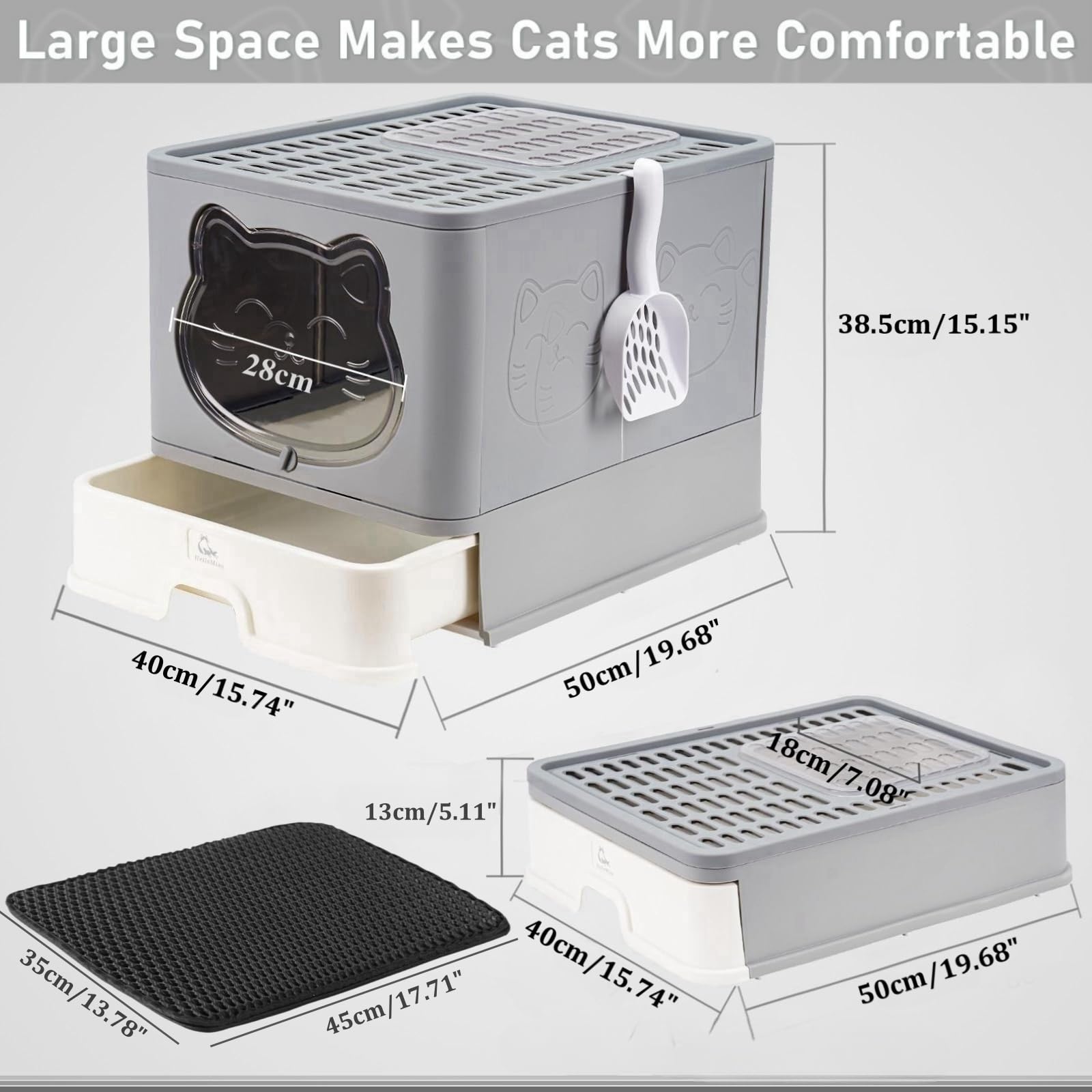 HelloMiao Extra Large Fully Enclosed Litter Box, Foldable Cat Toilet with Lid, Drawer Type, Polypropylene, Upgray+Mat, Model MSP-03
