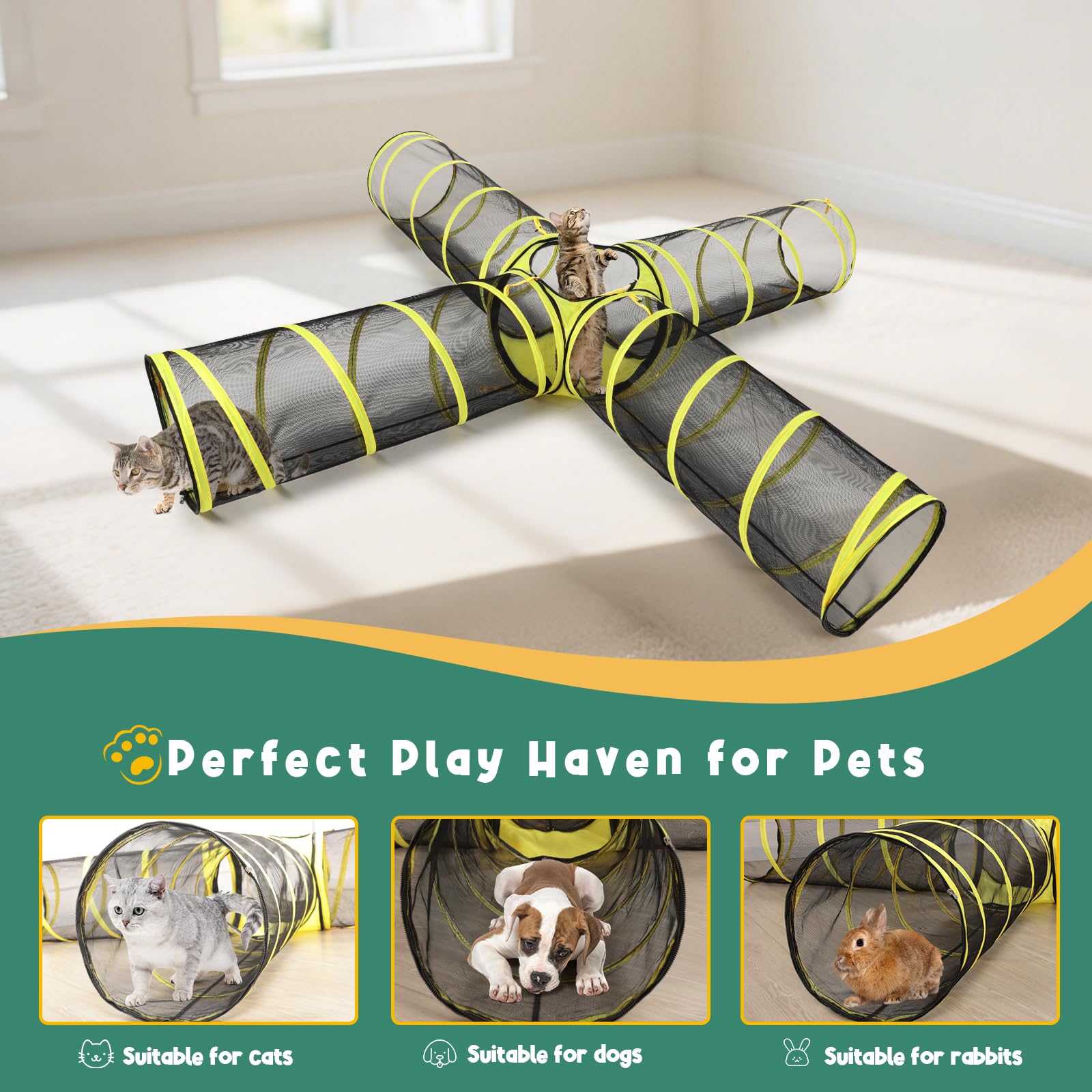 4-Way Cat Tunnel With Central Cube - Portable Mesh Playhouse For Indoor & Outdoor Use - Tent For Cats, Rabbits, And Small Pets