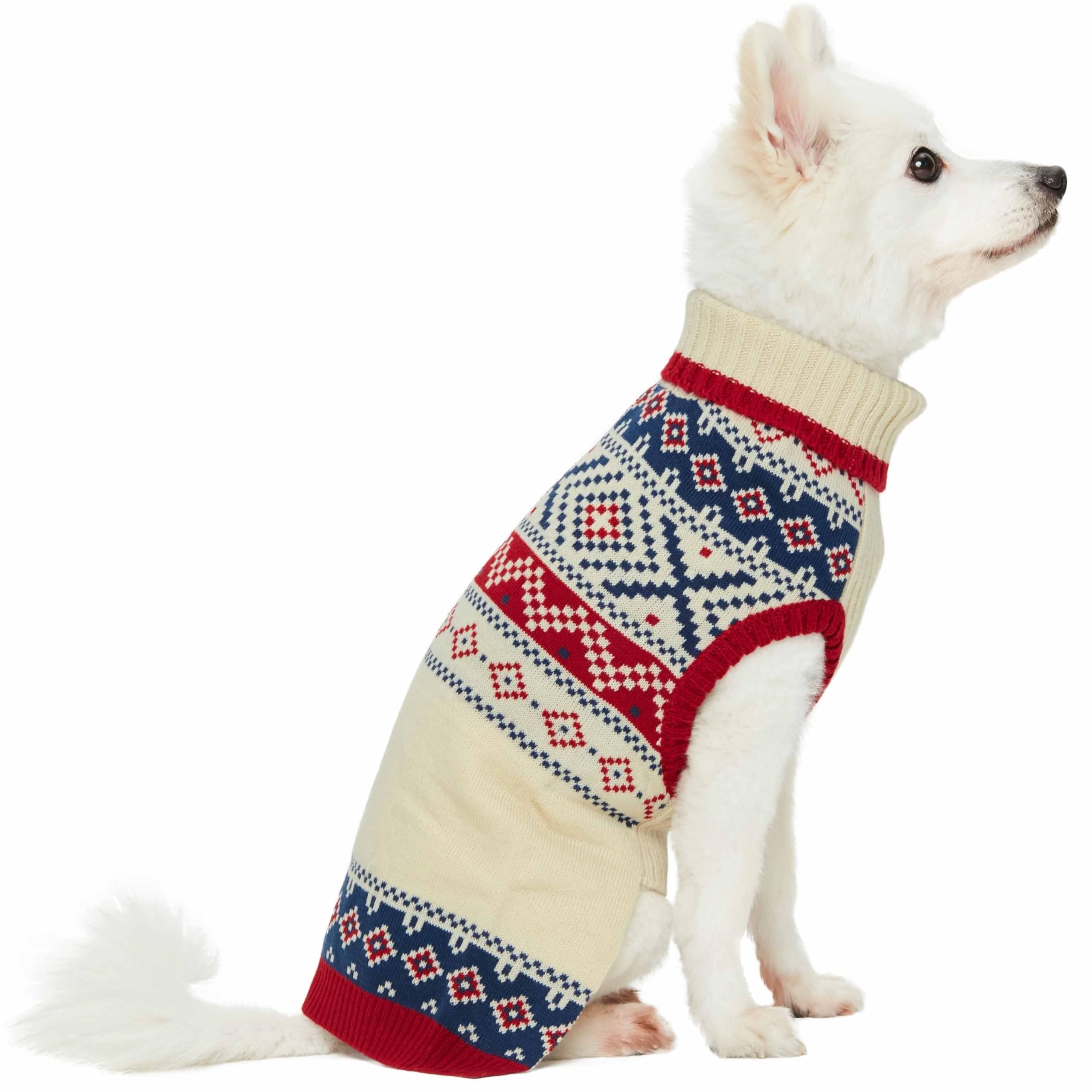 Blueberry Pet Holiday Christmas Chic Turtleneck Fair Isle Fall Winter Pullover Dog Sweater In Creamy White, Back Length 12', Warm Clothes For Small Dogs