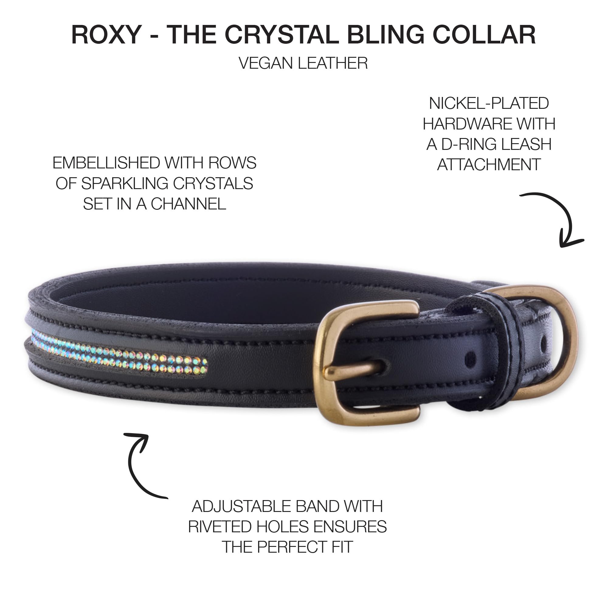 Pet Passion Adjustable Vegan Leather Dog Collar With Crystal Bling For Pets Small, Medium And Large Dogs, Black Bling, X-Small