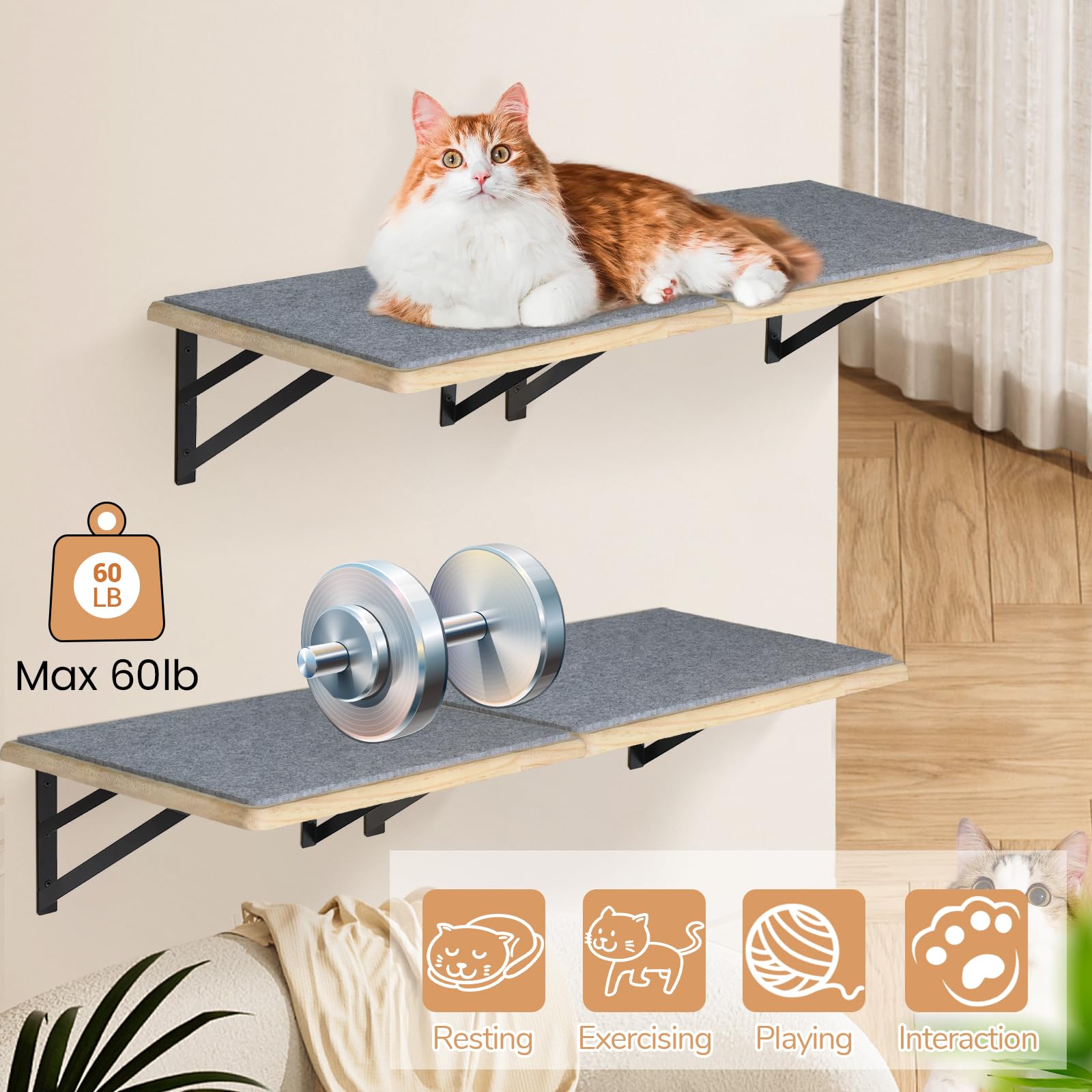 Cat Wall Shelves Set Of 4, Wood Cat Shelves For Wall, Cat Wall Bed Hammock With Scratching Pad, Cat Climbing Shelf For Sleeping