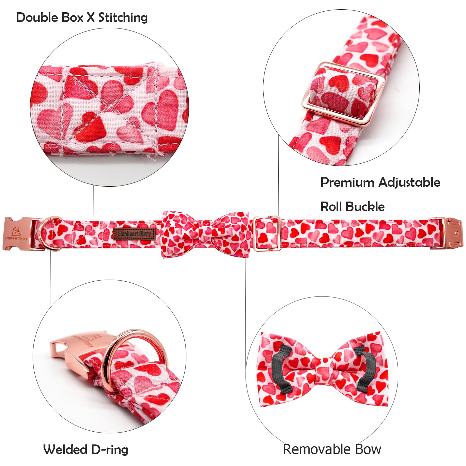 Lionheart Glory Dog Collar With Bowtie Valentine'S Day Dog Collar For Small Dogs, Hearts Pattern, Handmade Bow, Unique Design, C