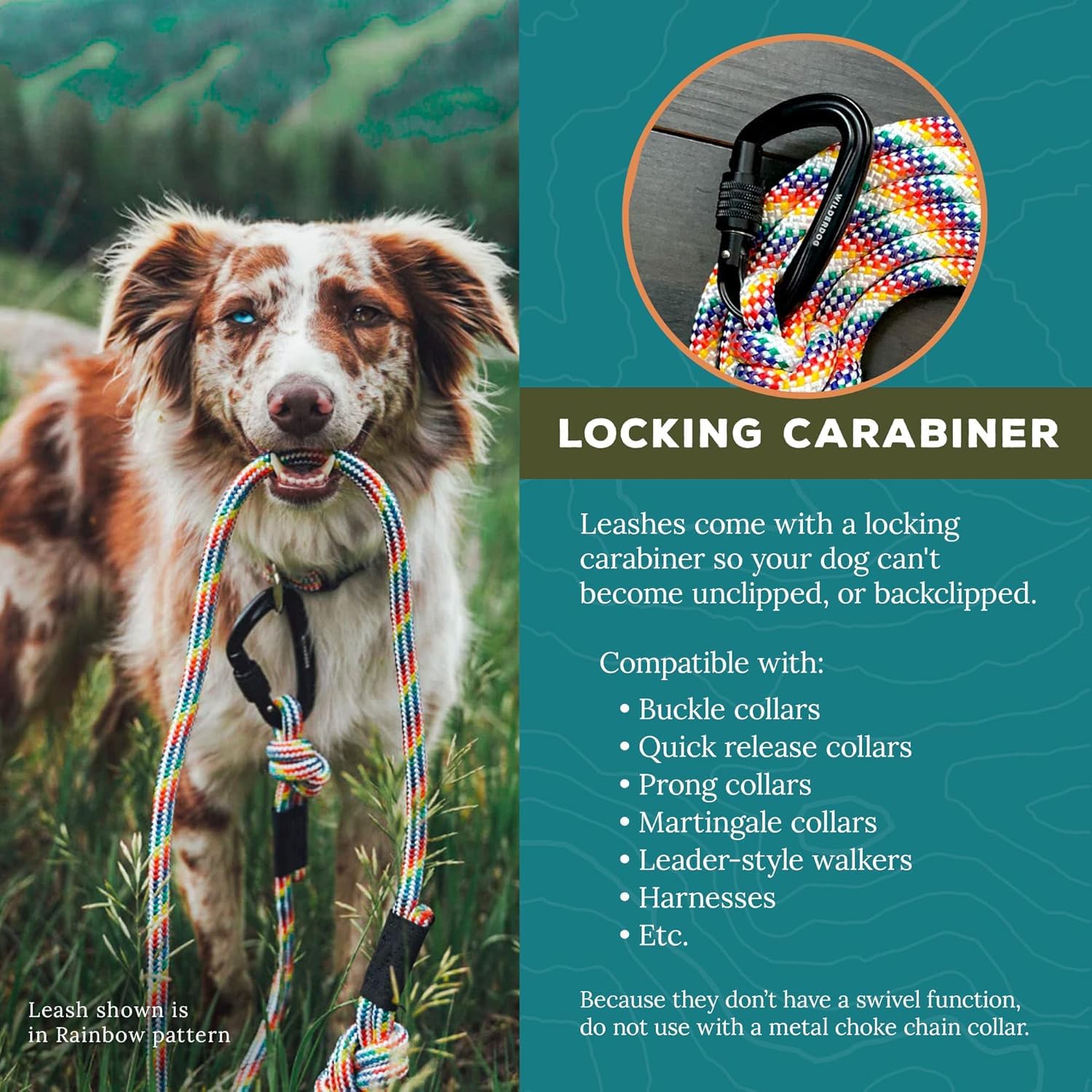 Wilderdog Carabiner Climbing Rope Dog Leash For Medium & Large Dogs - 10Ft - Rainbow