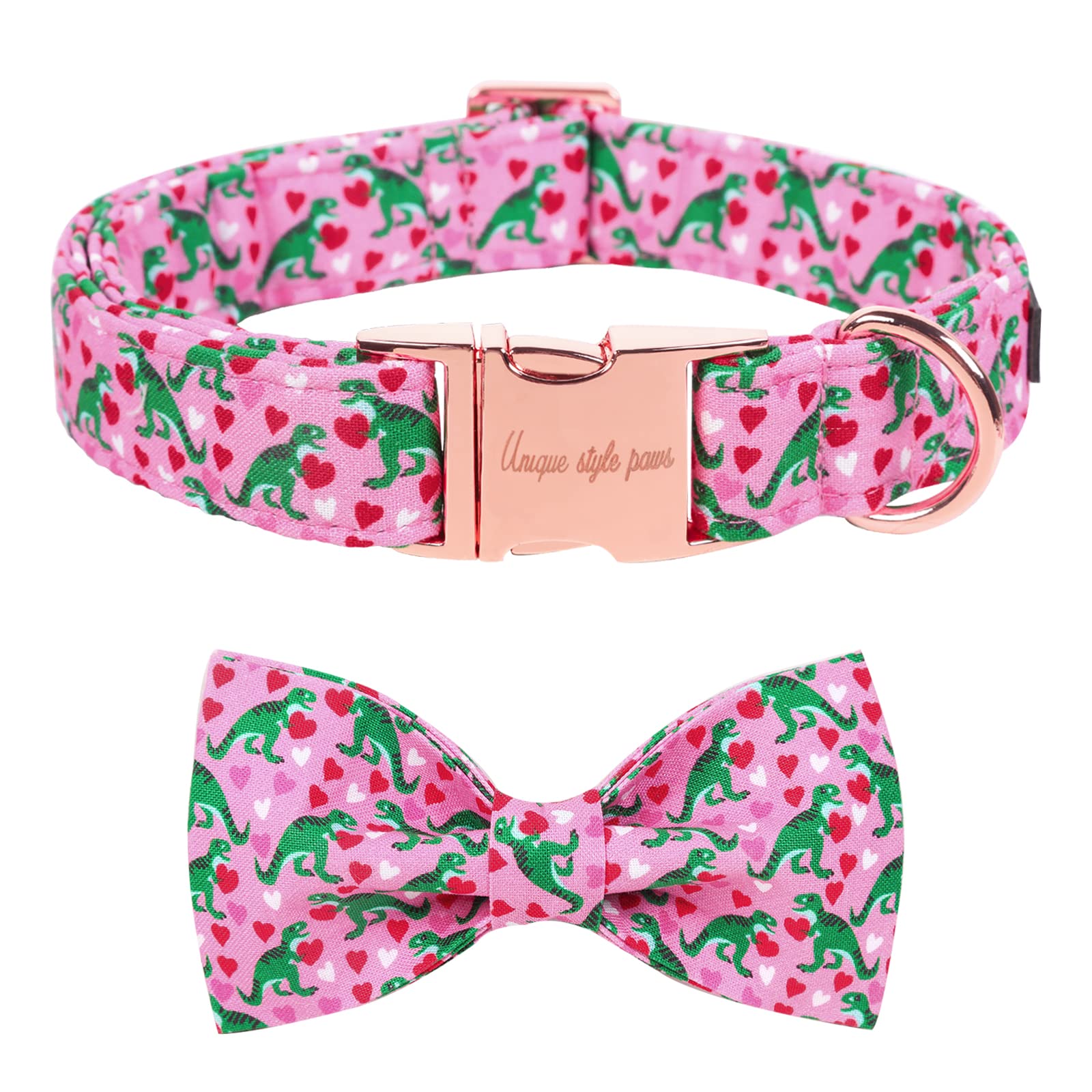 Unique Style Paws Dog Collar With Bowtie Pink Dinosaur & Heart Puppy Collar Suitable For Small Medium Large Dogs With Adjustable Safety Metal Buckle For Valentine'S Day-S