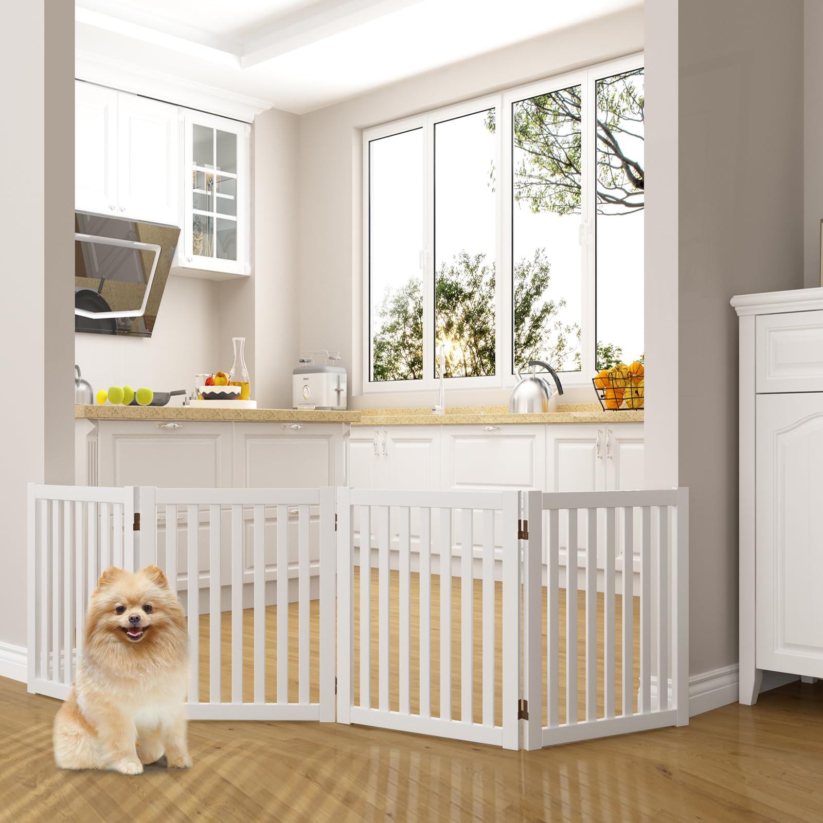 WELLAND Wooden Freestanding Pet Gate, 4 Panel 24 Inch Step Over Fence, Expands Up to 80 '' Wide, Foldable Indoor Dog Gate Puppy 
