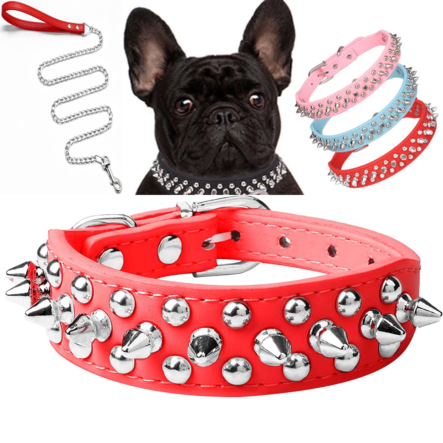Serijoars Spiked Dog Collar Soft Pu Leather Mushrooms Rivet Spike Studded Dog Collar Adjustable Puppy Collars (M, Red Set)