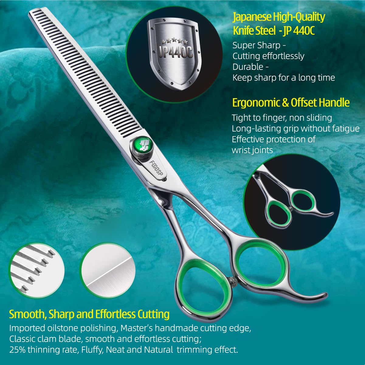 Fogosp 46 Teeth Dog Thinning Shears For Grooming 7.0 Inch Professional Blending Thinning Scissors For Dogs Cat Pet Japanese 440C Stainless Right Handed