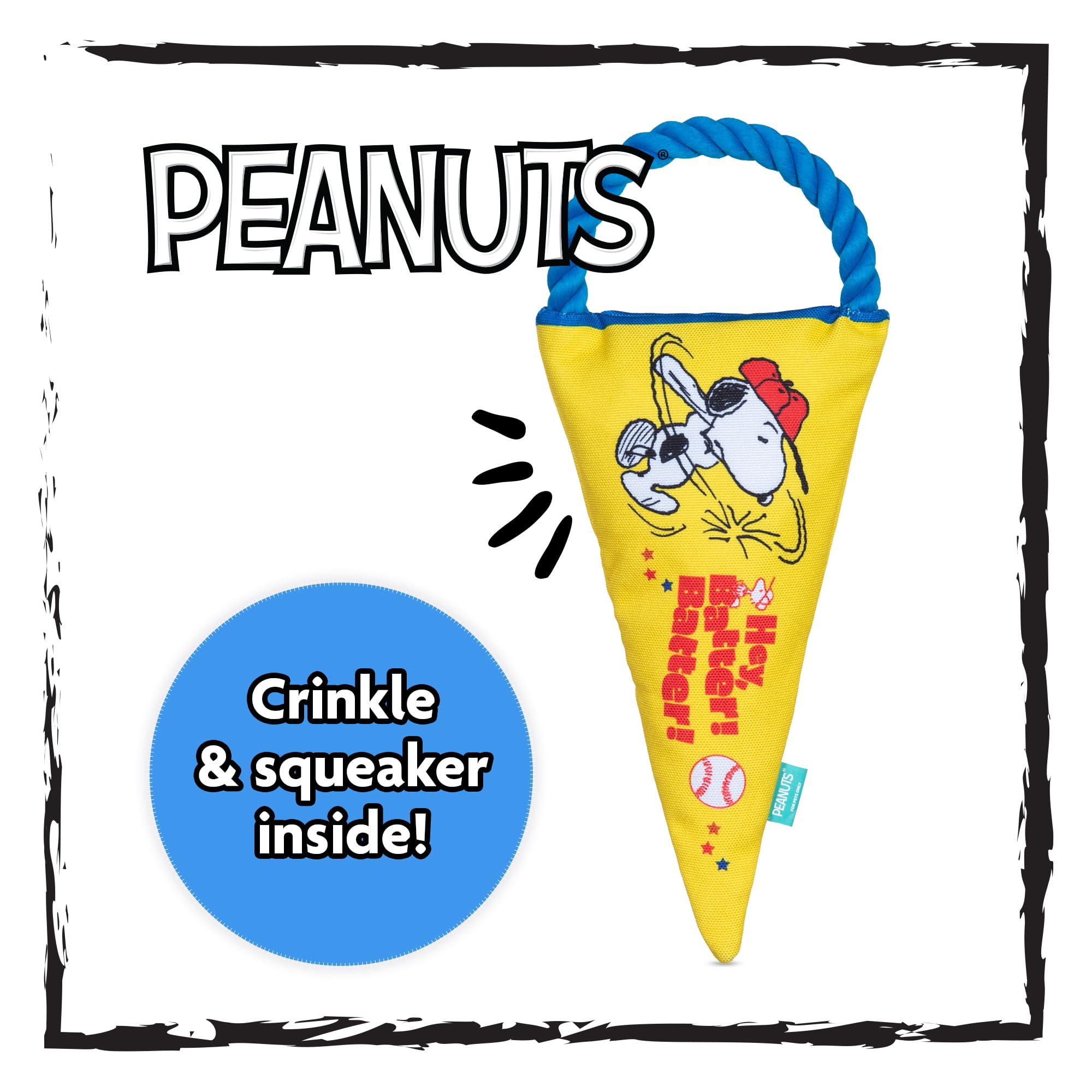 Peanuts For Pets Durable Dog Toy - Athlete Snoopy Flattie Fan Banner With Rope Tug, Squeaker, And Crinkle - Interactive Chew Toy