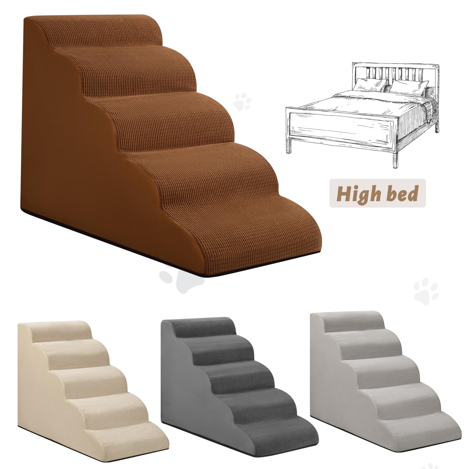 Aodisman 5-Step Dog Stairs Ramp for High Bed, Non-Slip Foam Steps, 22.2" H, Brown, Model Y02-Brown