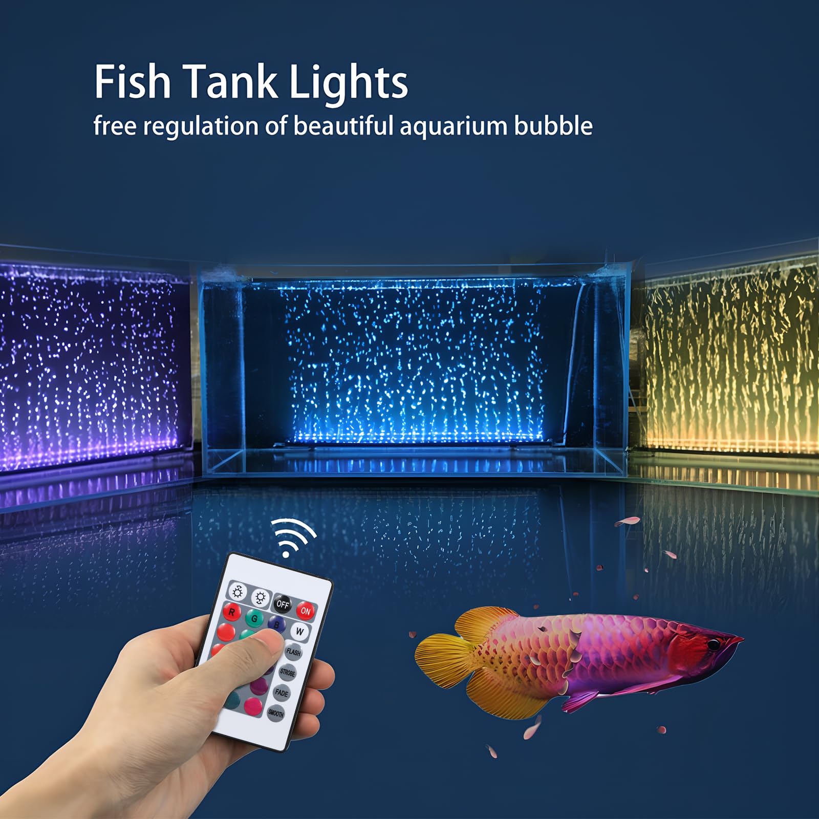 Szminiled Submersible Aquarium Light, Fish Tank Light With Air Bubble Hole, Rgb Color Changing Brightness Adjustable Ip68 Waterproof Remote Control Led Light For Aquarium Fish Tank 20 Inch
