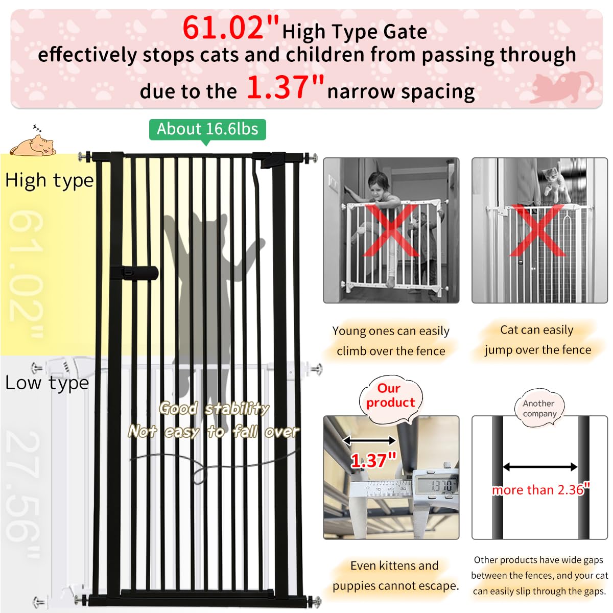 Lumizone Extra Tall Cat Gate 61.02 High Pressure Mounted Extra Wide 2025 New (17 Sizes) 1.37 Gap No Drilling Auto-Close One-Hand