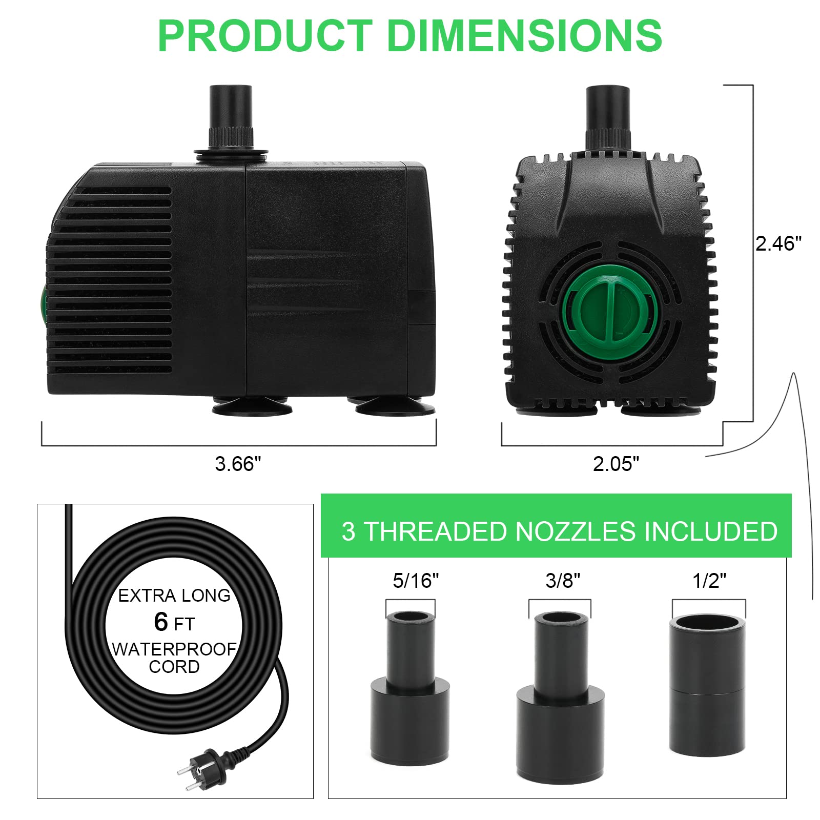 BARST Submersible Water Pump, 160GPH Aquarium Pump with Pre-Filter Screen, Adjustable Fountain Pump with 3 Nozzles and 6ft Power