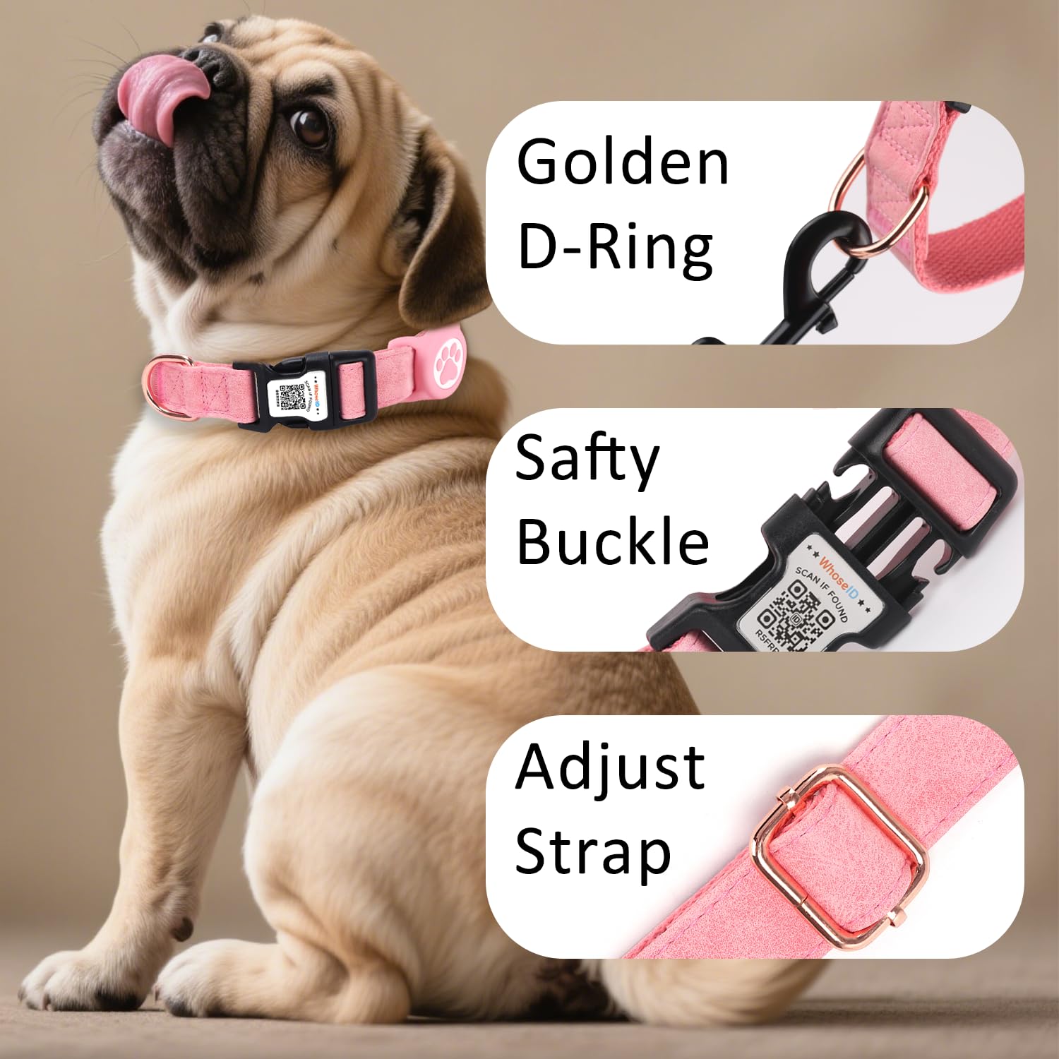 Whoseid Airtag Dog Collar With Qr Code Buckle, Leather Dog Collars With Waterproof Air Tag Holder Adjustable Soft Padded Fit For