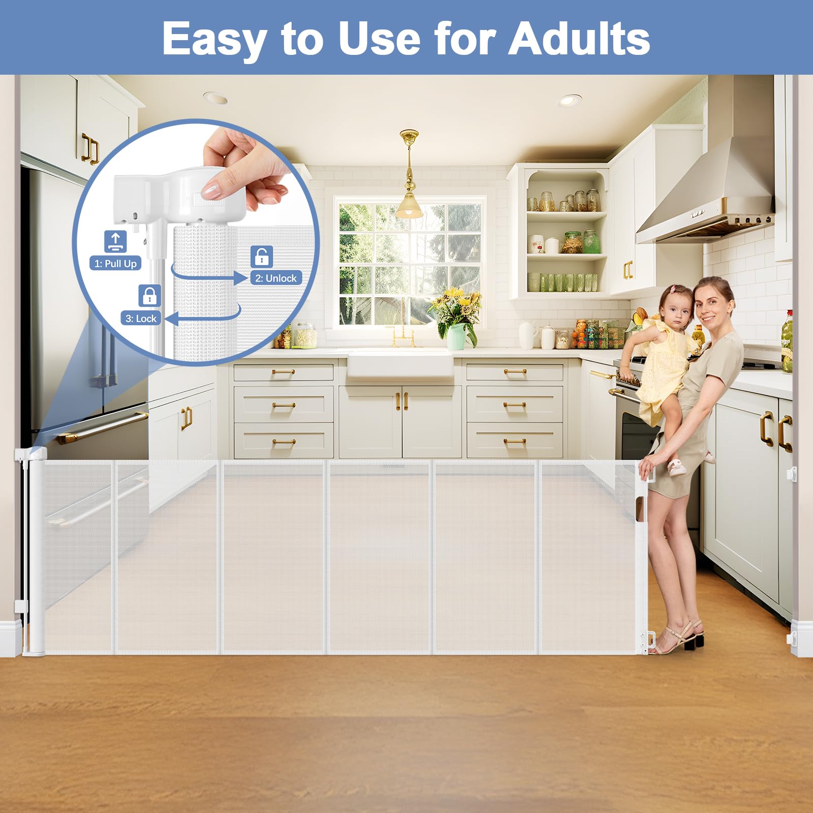 Sair Pet 200" Extra Long Dog Gate, 33" Tall, White PVC Mesh Retractable Baby Gate for Indoor/Outdoor Use, Model SE-A136