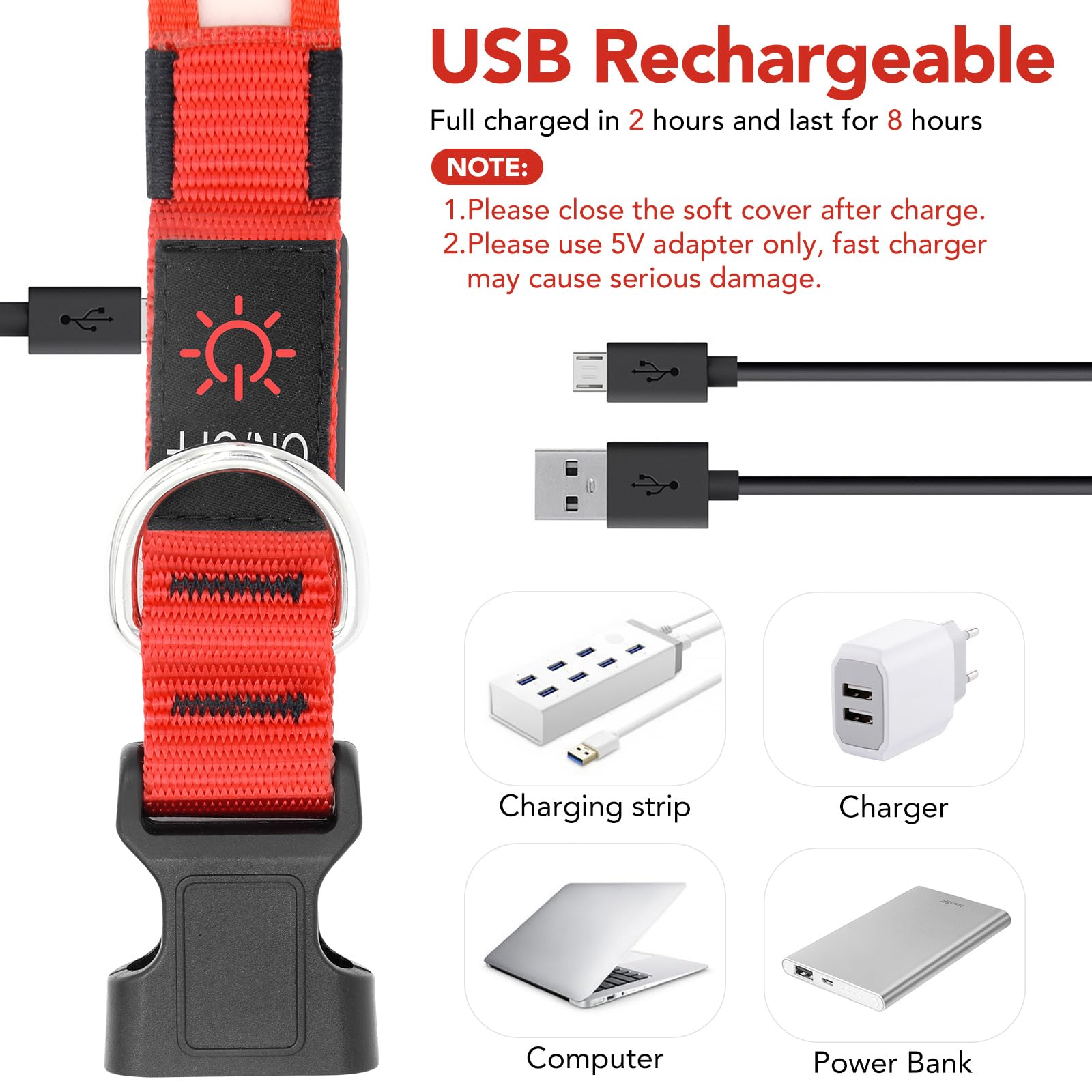 VIZPET LED Dog Collar - Adjustable, USB Rechargeable, Super Bright, X-Large (Red) - Safety Light Glowing Collar for Dogs
