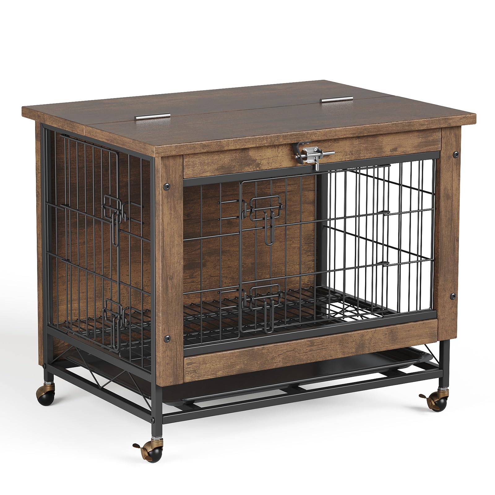 Garvee Dog Crate Furniture with 2 Doors, Indoor Small Dog Crates with Wheels, Heavy Duty Wooden Kennel Furniture, End Side Table