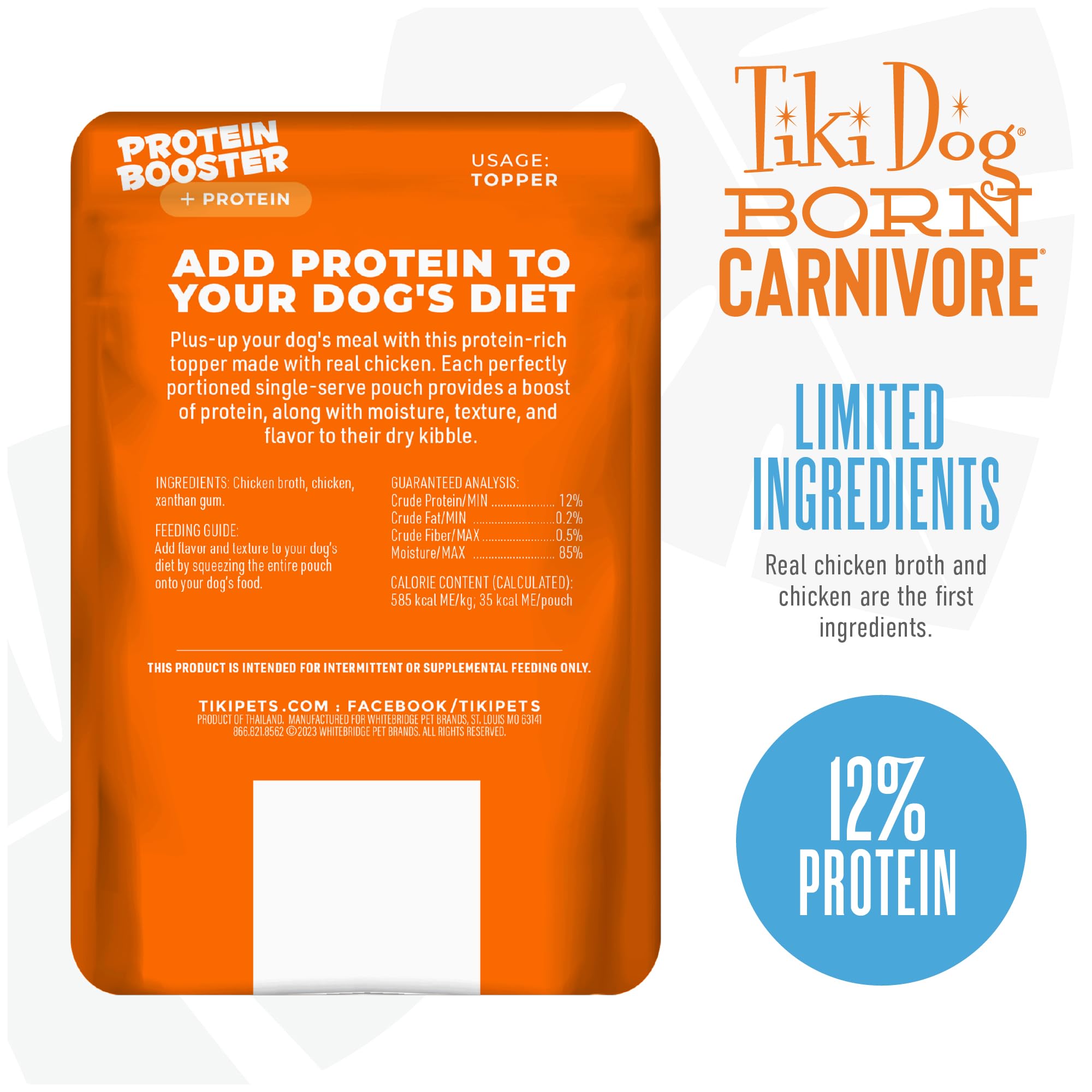 Tiki Dog Born Carnivore Protein Booster Dog Food Topper, Chicken Recipe in Broth, 2.1 oz. Pouch (12 Count)