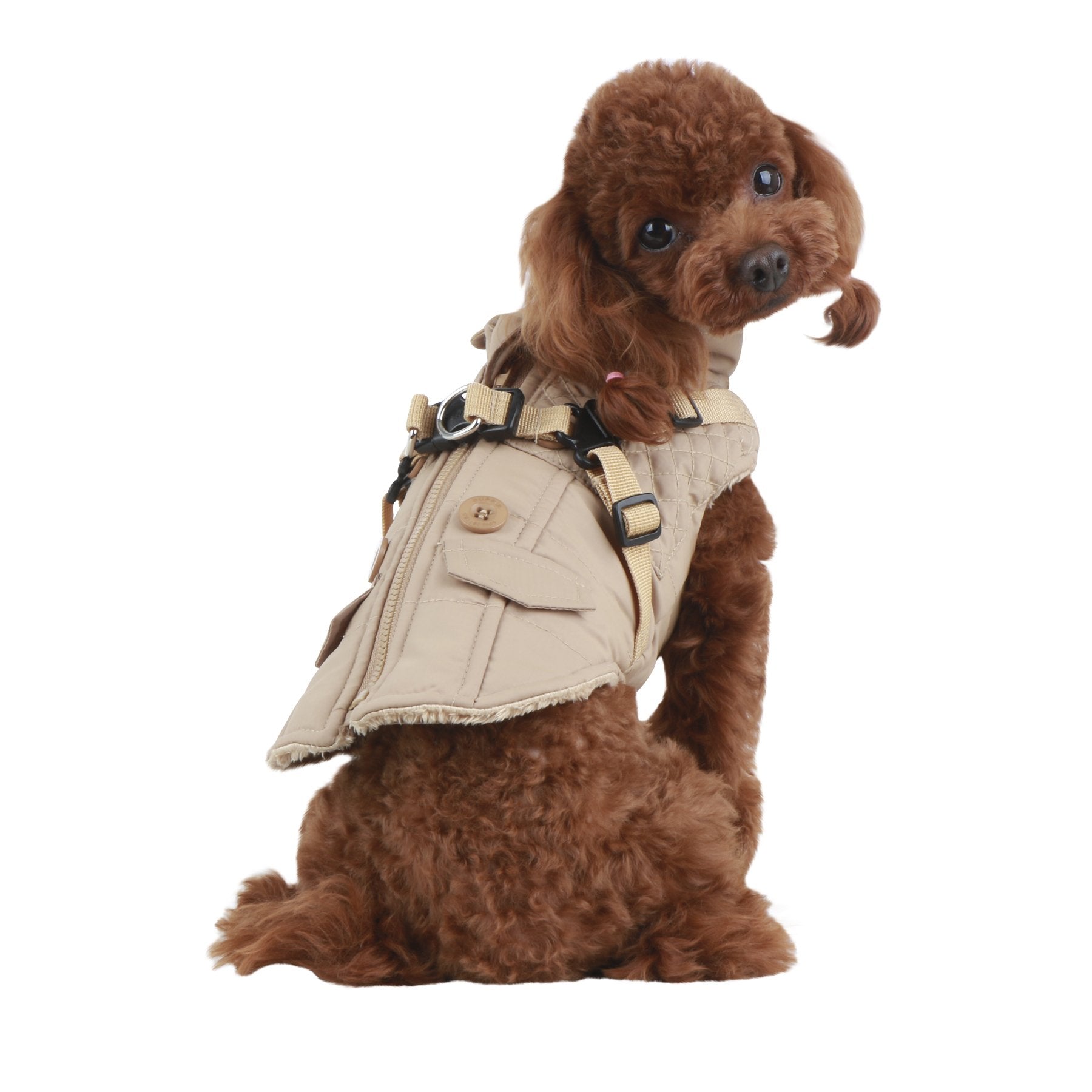 Puppia Wilkes Winter Dog Coat With Integrated Harness No Pull Cold Weather Waterproof Warm Fleece Back Zipper For Small & Medium Dog, Beige, Large
