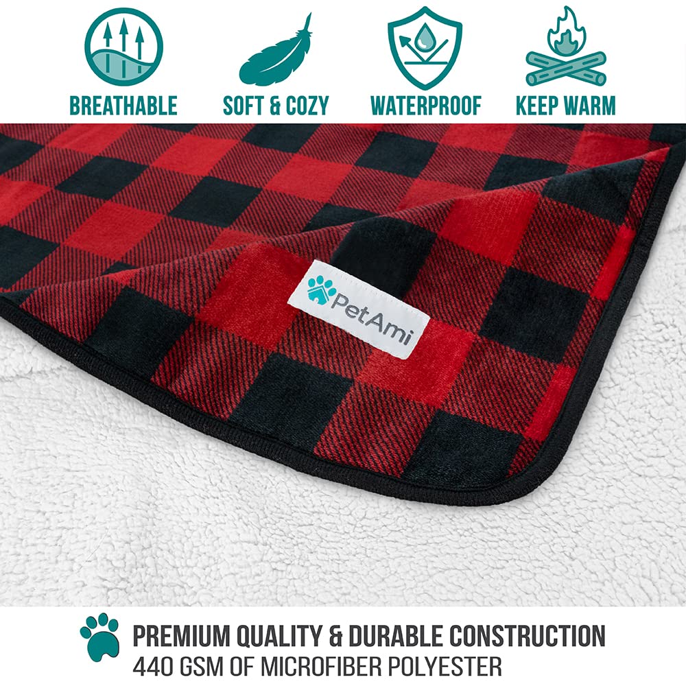 Petami Waterproof Dog Blanket For Small Medium Dogs, Pee Proof Pet Blanket Sherpa Fleece Couch Cover, Reversible Cat Throw Bed Sofa Protector, Soft Plush Washable Pad (Small 24X32, Check Red)