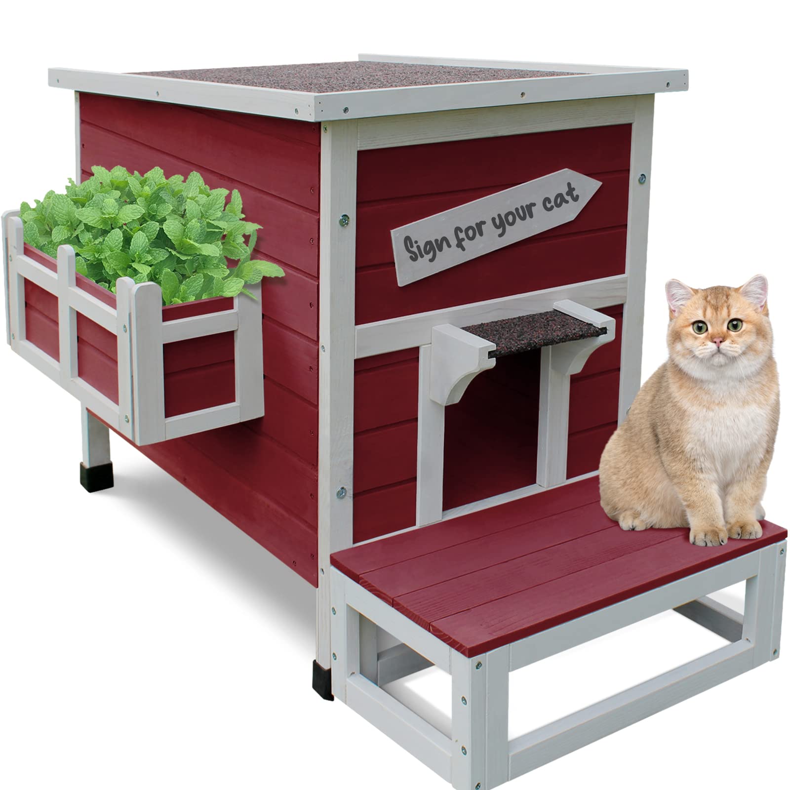 Rockever Outdoor Cat House, Large Outdoor Houses For Feral Cats Wooden Outside Cat Shelter Weatherproof With Escape Door - Red