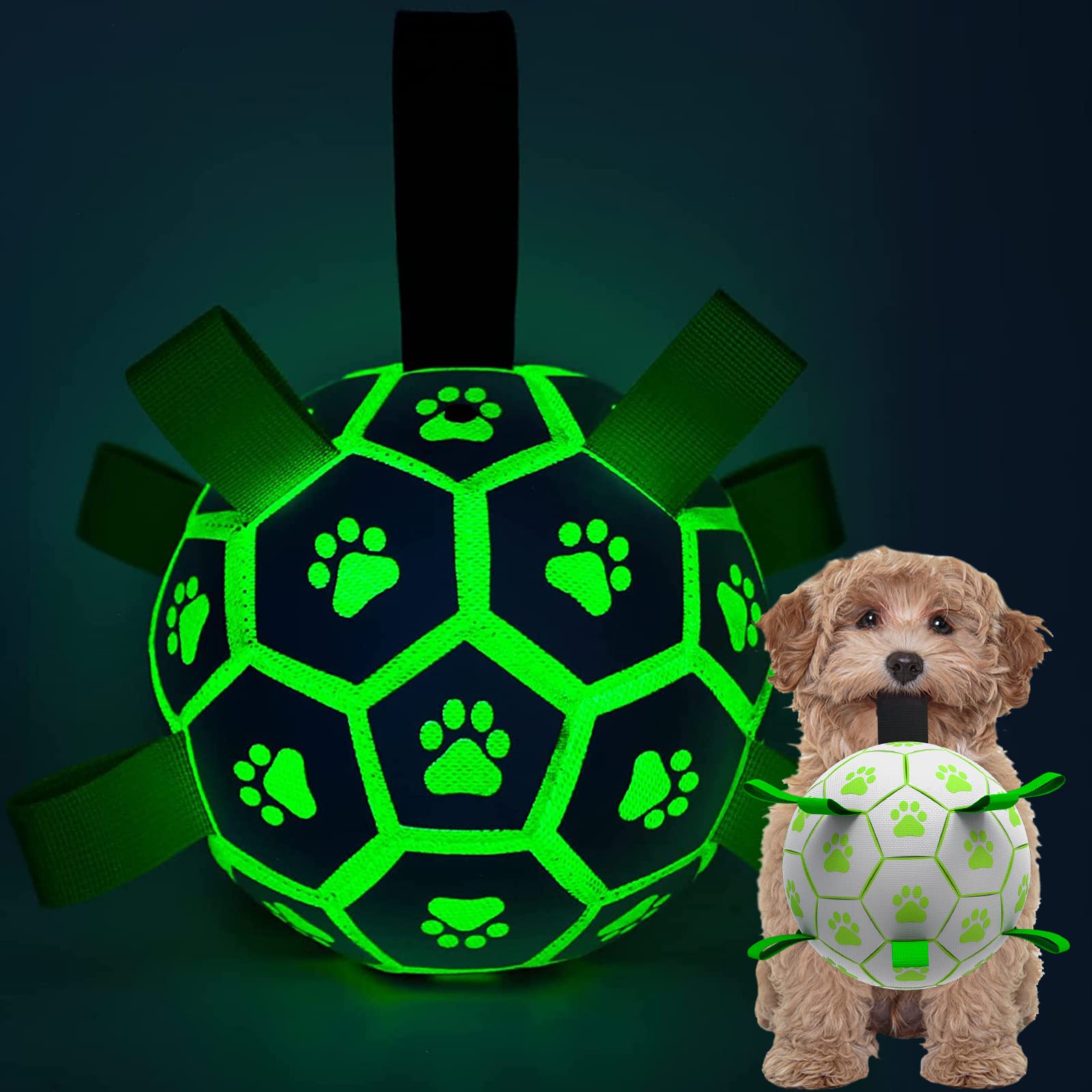QDAN Glow in The Dark Dog Soccer Ball, Interactive Light Up Tug Toy, Medium PU Leather, 6 Inch for Small & Medium Dogs