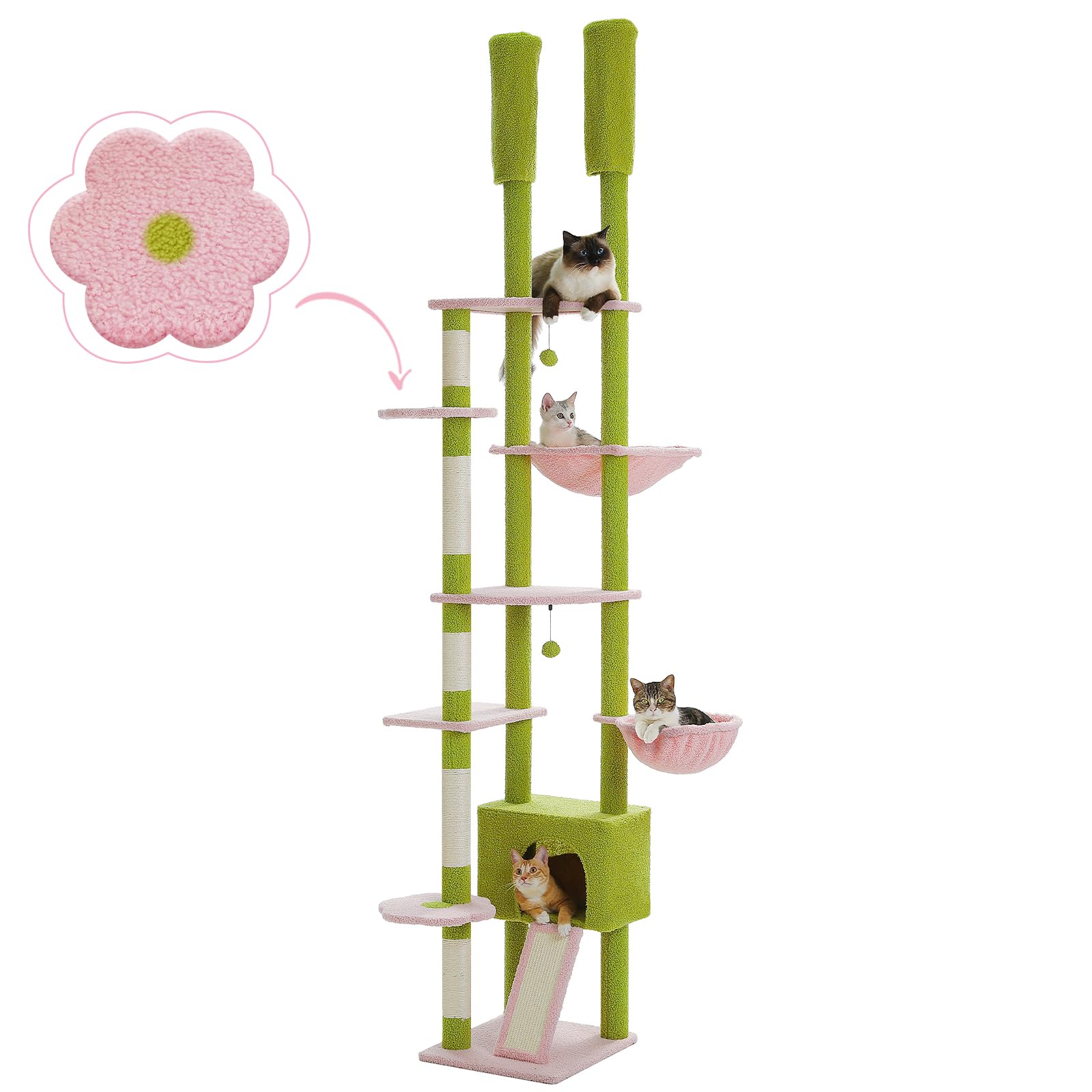 Pequlti Tall Cat Tree Floor To Ceiling Cat Tower Adjustable Height (90.5''-100.4'' = 230Cm-252Cm) With Cat Condo, Cozy Hammock A