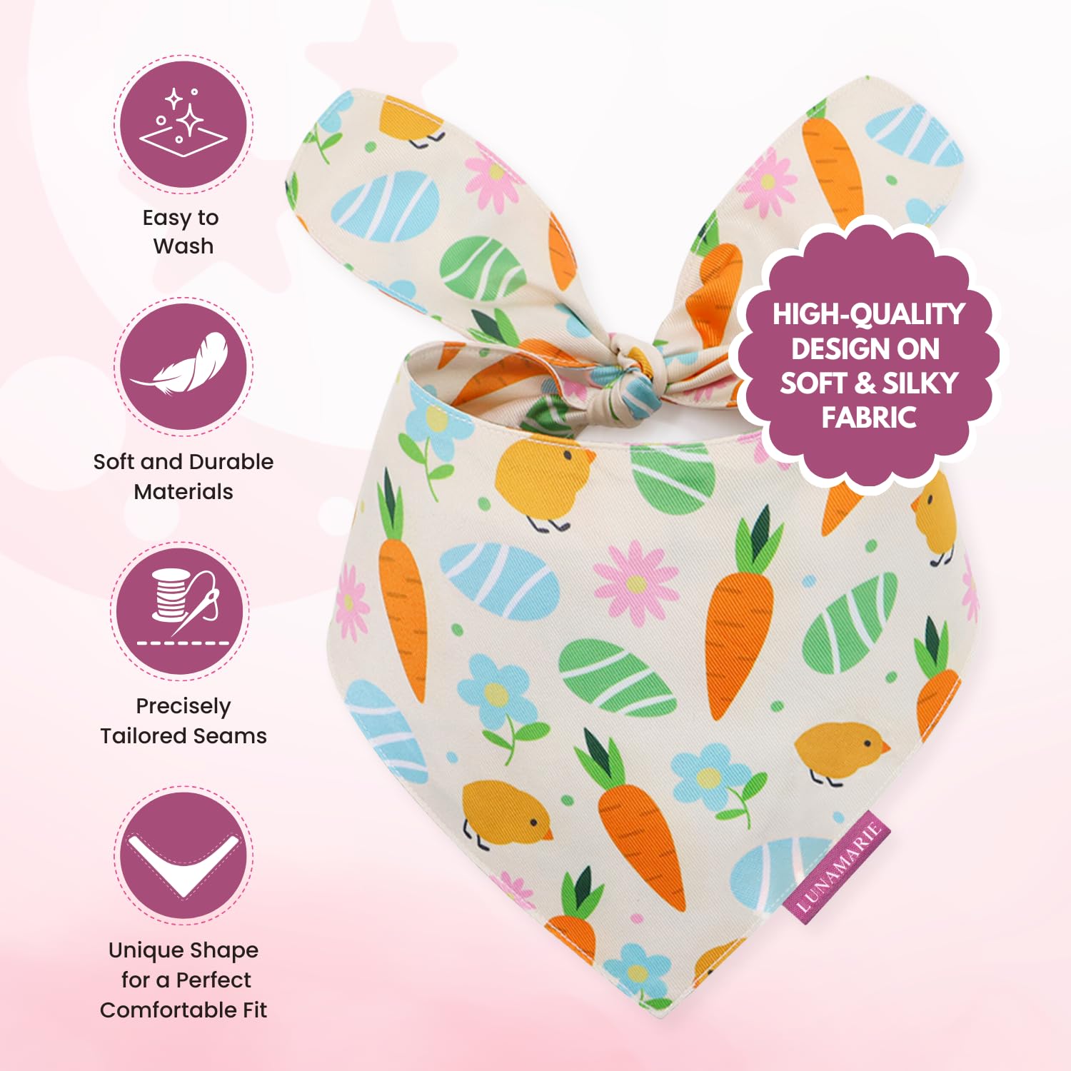 Lunamarie - Luxury Pet Birthday Bandanas -Premium & Silky Poly Fabric | 100% Handmade | Custom Shape Dual Layered (Easter Garden
