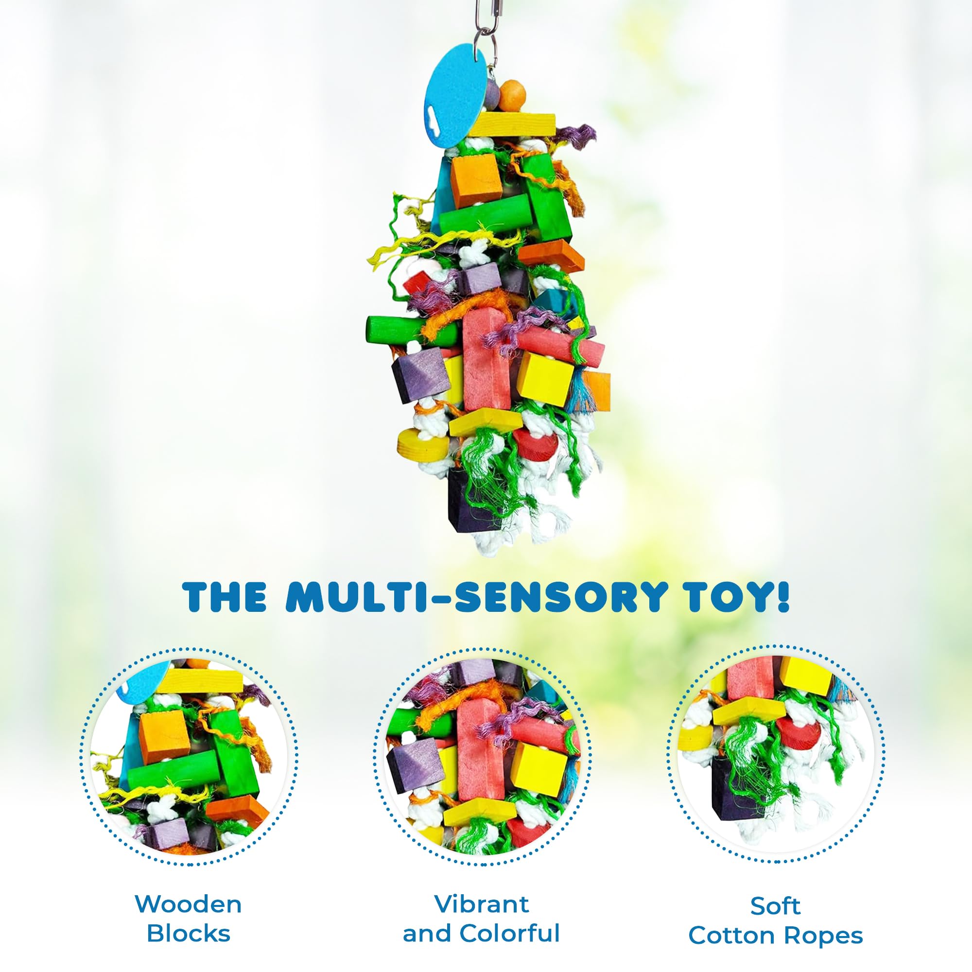 Sungrow Parrot Wooden And Rope Chewing Toy, Multi-Shaped And Multicolored Blocks And Cotton Rope With Hanging Loop