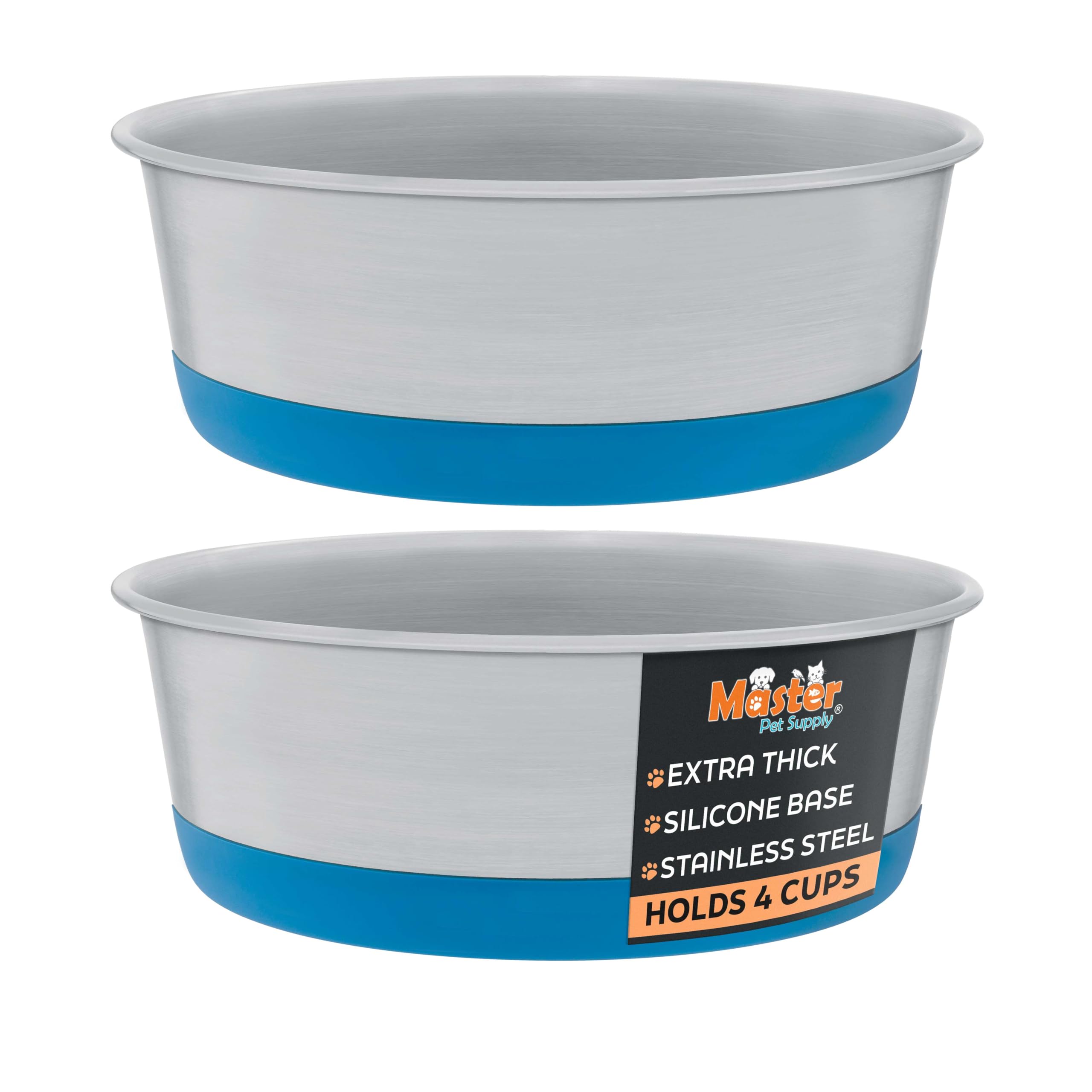 Master Pet Supply Stainless Steel Dog Bowls Set of 2 with Extra Thick Silicone Base - 4 Cup (32 oz) True Blue, Non-Slip, Dishwas