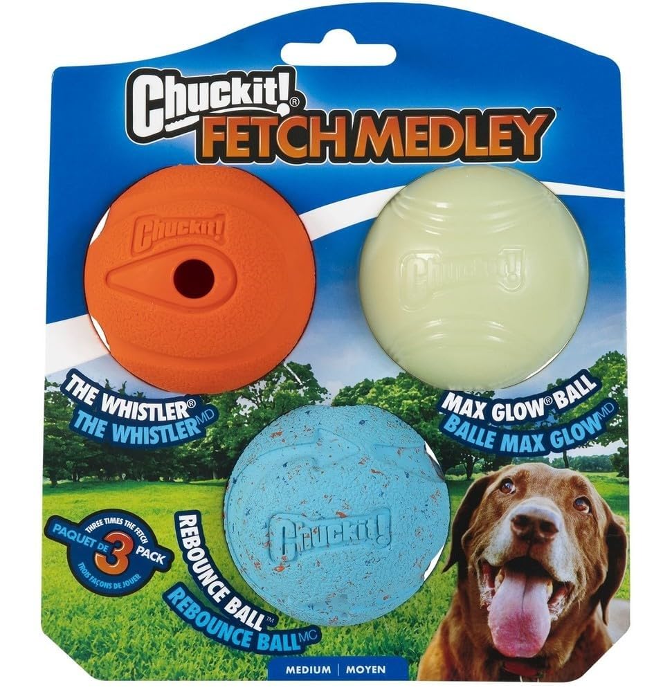 Chuckit! Fetch Medley Dog Ball Dog Toys, Medium (2.5 Inch) Pack Of 3, For Medium Breeds, Includes Whistler, Max Glow And Rebounc