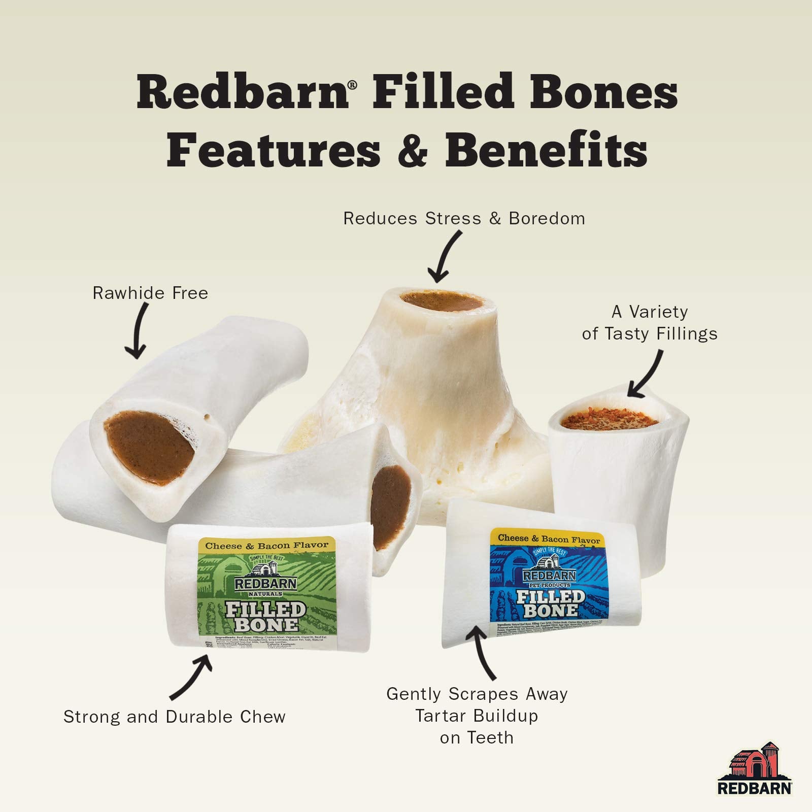 Redbarn Filled Dog Bones Peanut Butter, Cheese N Bacon, Beef, Natural Long-Lasting Dental Treats; Suitable for Aggressive Chewe