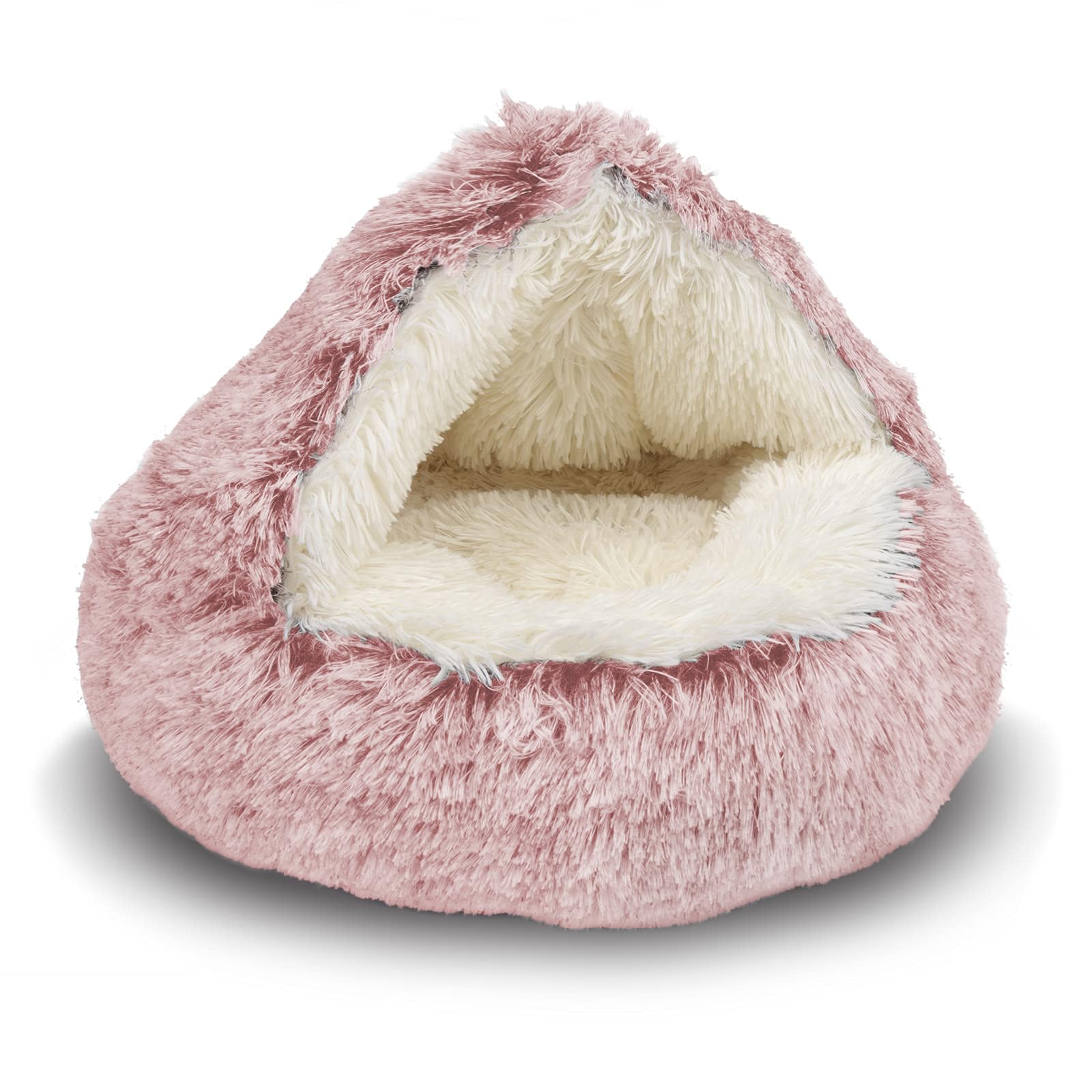 Shinhye Cozy Cat Bed - Round Plush Fluffy Hooded Cave, Indoor/Outdoor, Waterproof & Washable, Calming Anti-Anxiety Design - 23X2