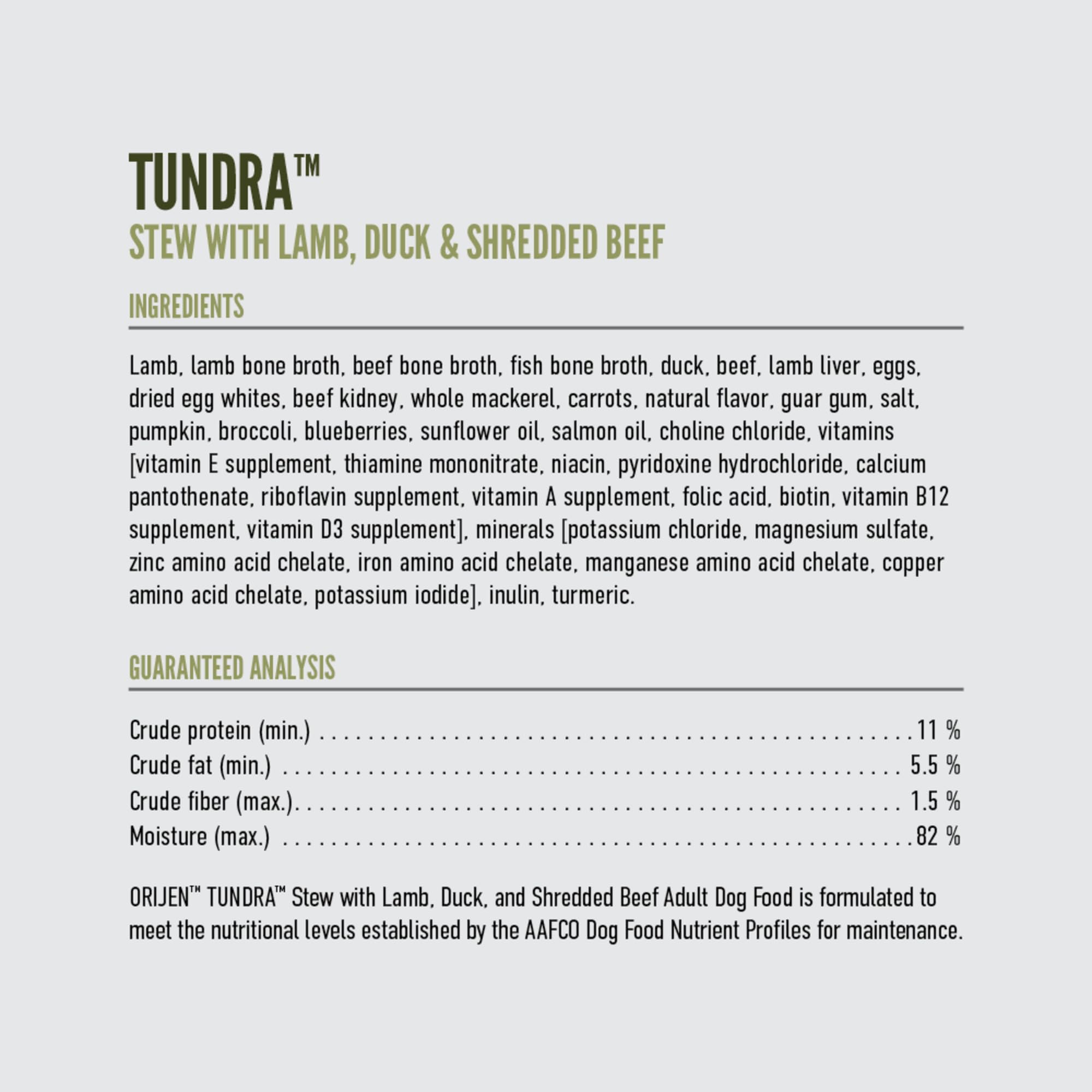 ORIJEN Tundra Stew Wet Dog Food, Grain-Free, 12.8 oz (Pack of 12), Premium Meat Shreds, Green