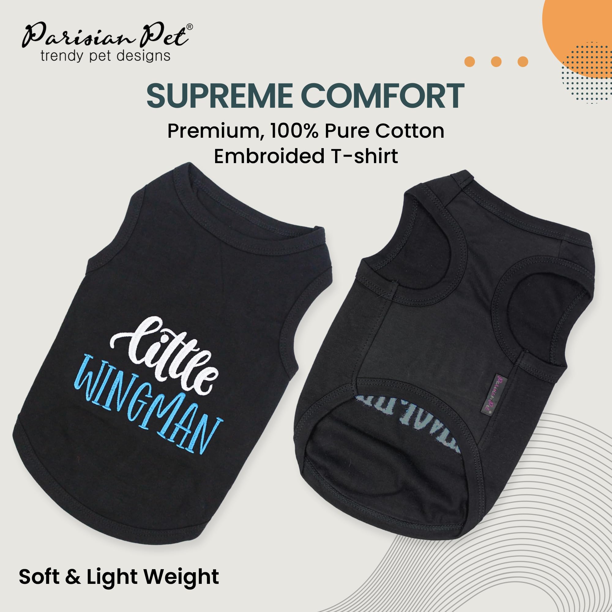 Parisian Pet Embroidered 'Little Wingman' Sleeveless Black Dog Tee - Pure Cotton, Lightweight, Machine Washable - Xl