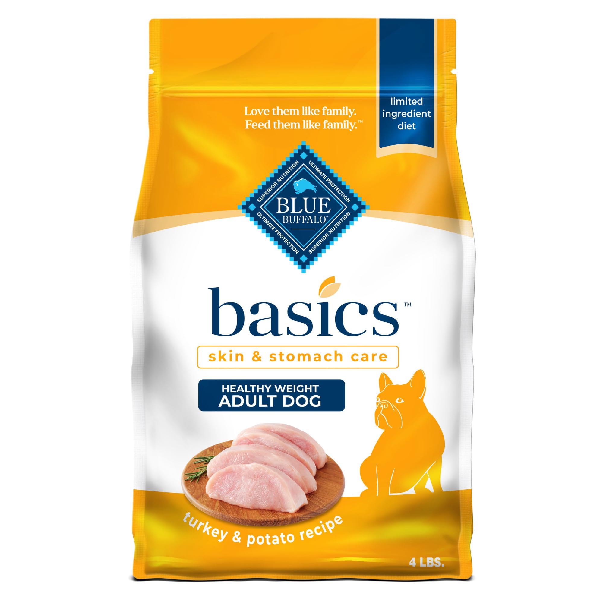 Blue Buffalo Basics Healthy Weight Adult Dry Dog Food, Skin & Stomach Care, Limited Ingredient Diet for Dogs, Turkey Recipe, 4-l