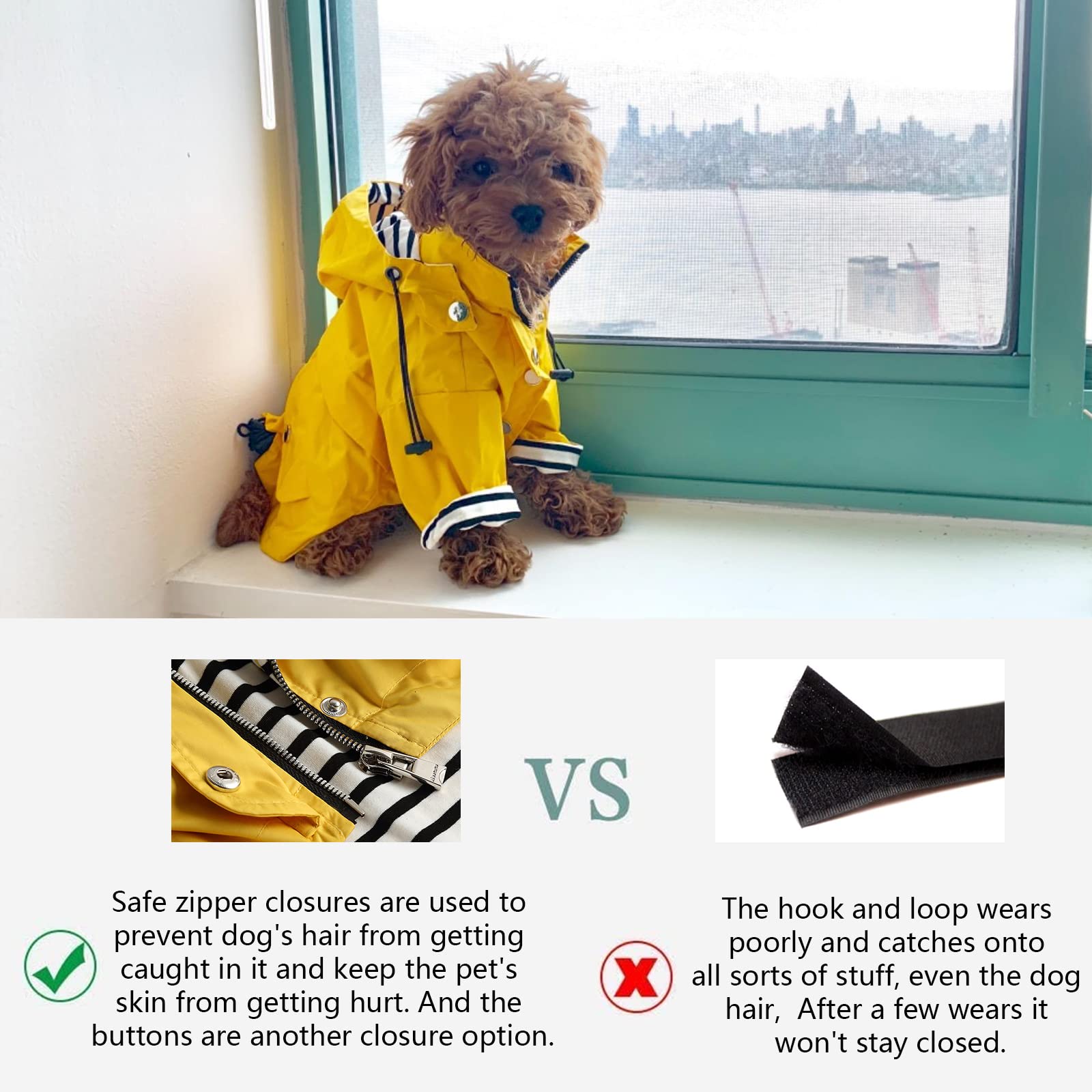 Dog Zip Up Raincoat With Reflective Buttons, Rain/Water Resistant, Adjustable Drawstring, Removable Hood, Raincoats With Legs 8L