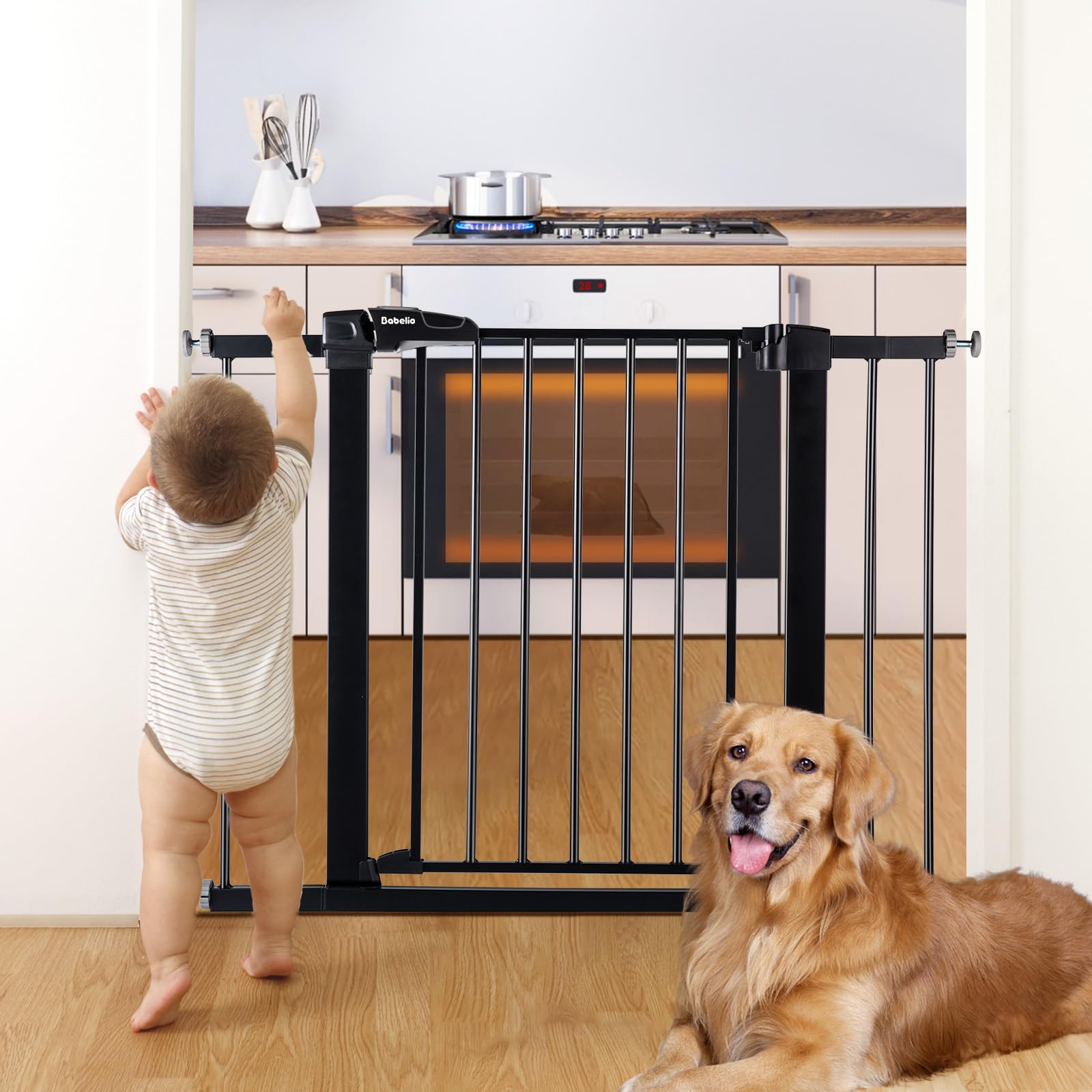 Babelio Metal Baby Gate, 29-43'' Auto Close Easy Install Pet Gate, Extra Wide Walk Thru Child Safety Gate, 30'' Tall Pressure Mounted Dog Gate For Doorways & Stairs, Black