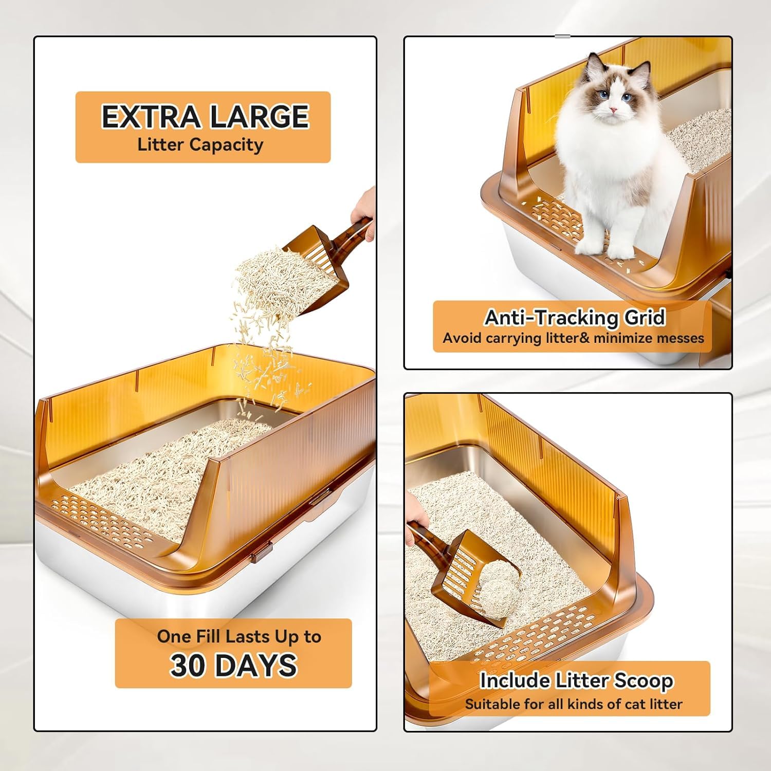 Bartuke Stainless Steel Cat Litter Box, Extra Large Semi Enclosed Litter Box For Big Cats High Sided Metal & Scoop Never Absorbs