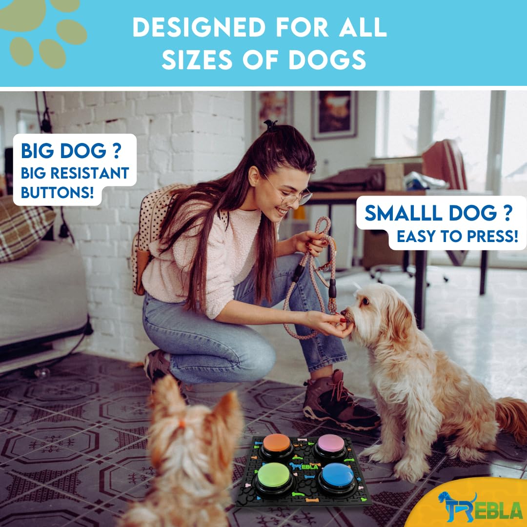 Trebla Magnetic Dog Talking Button Set–Dog Buttons For Communication | 4 Speaking Buttons, Rubber Mat, 15 Suggestion Stickers |Pet Talk Training Button |Voice Recording And Playback