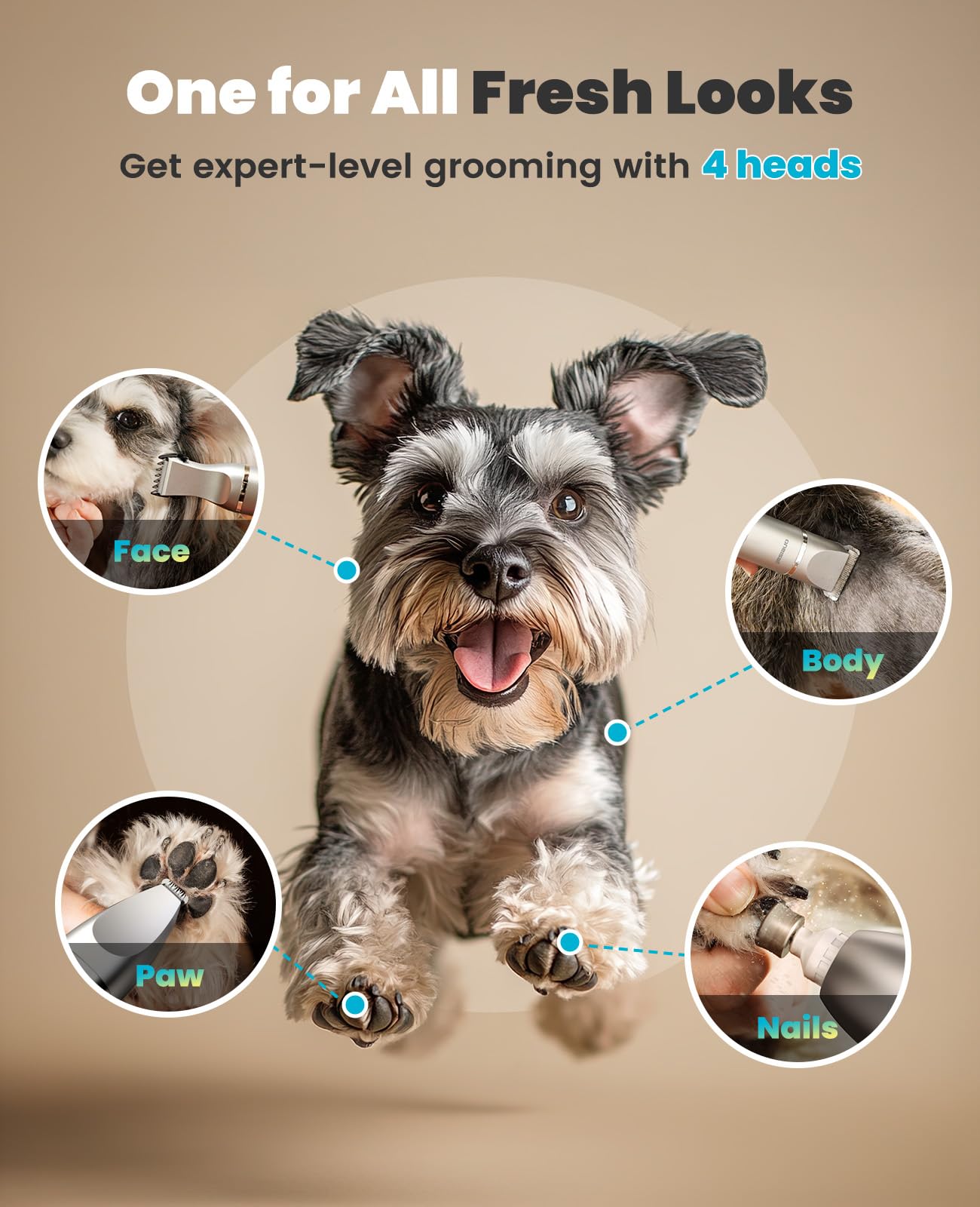 Oneisall 4 In 1 Dog Grooming Kit With Lcd Display, Dog Hair Trimmer For Paw Nail Grinder, Rechargeable Cordless Low Noise Ipx7 W