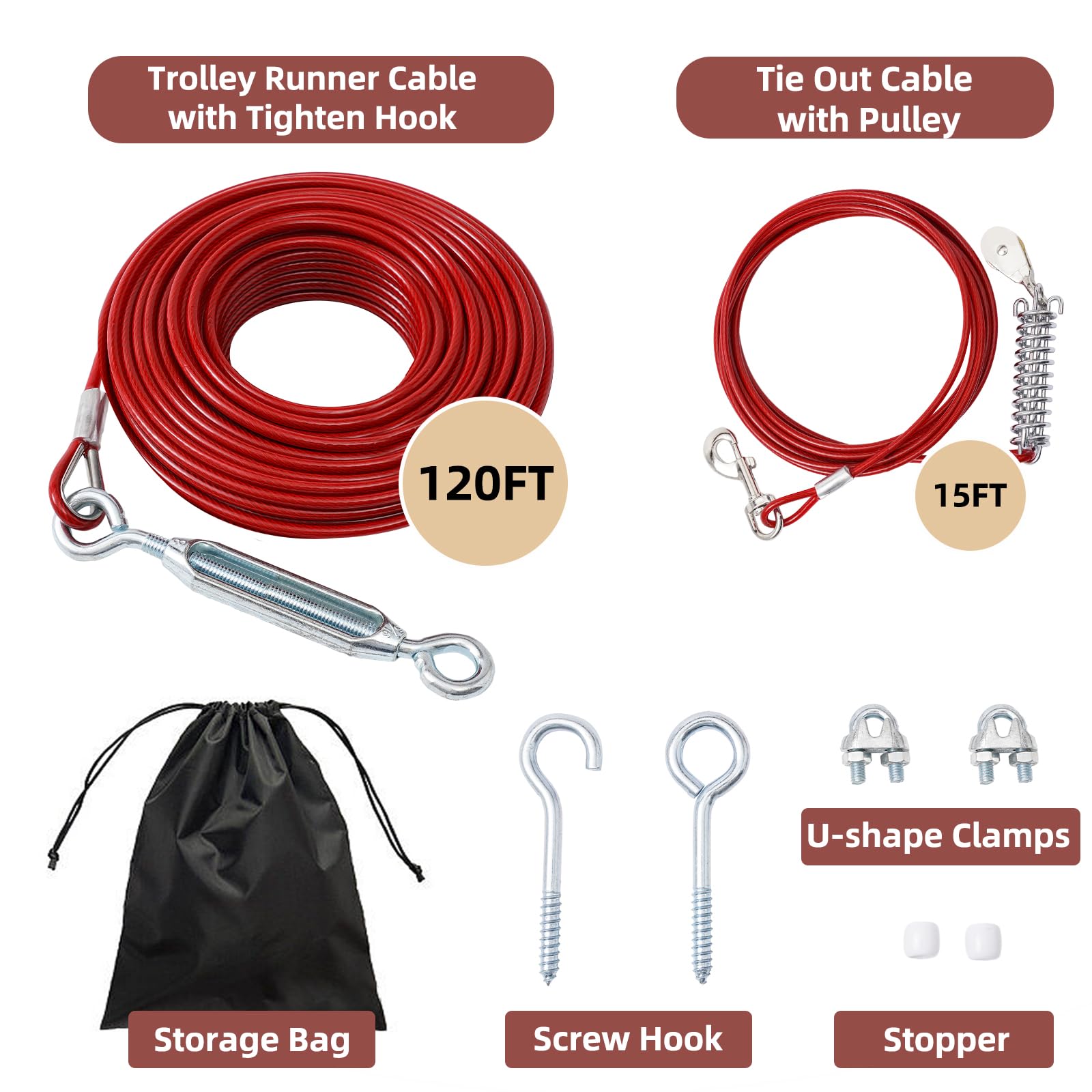 Luffwell Dog Runner For Yard, 120Ft Long Dog Lead With 15Ft Shock Absorption Spring And Pulley Dog Tie Out Cable For Small Medium Large Dogs, Dog Trolley System For Dogs Run In Yard, Park And Outside
