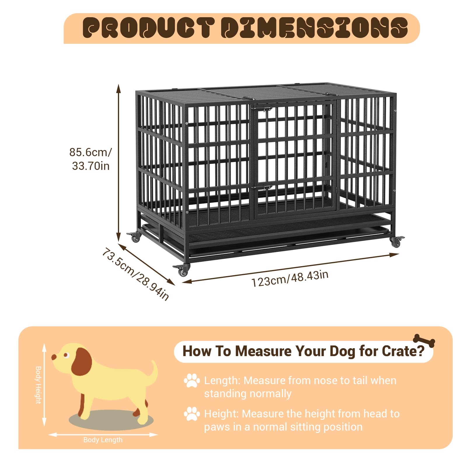Heavy Duty Dog Crate, 48.5 Inch Indoor Dog Crate with Double Door, 360 Lockable Wheels and Removable Tray, Easy to Assembly,for