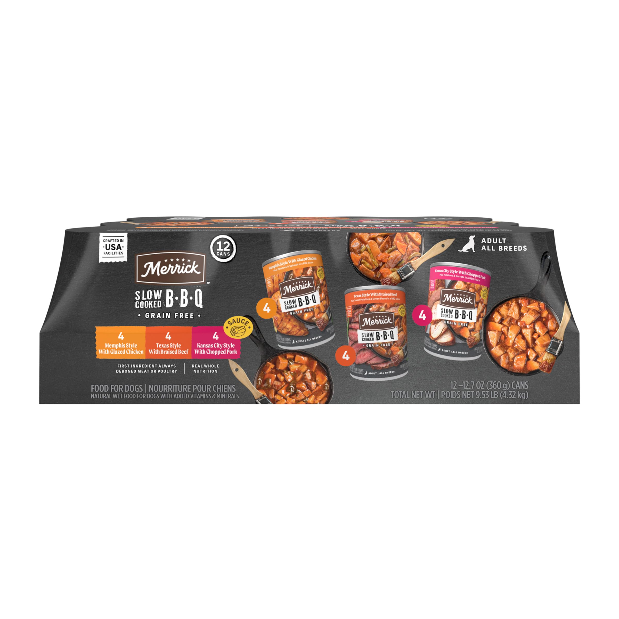 Merrick Slow-Cooked BBQ Premium Real Meat Canned Wet Dog Food Variety Pack, Beef, Chicken And Pork Recipes - (Pack of 12) 9.5 lb